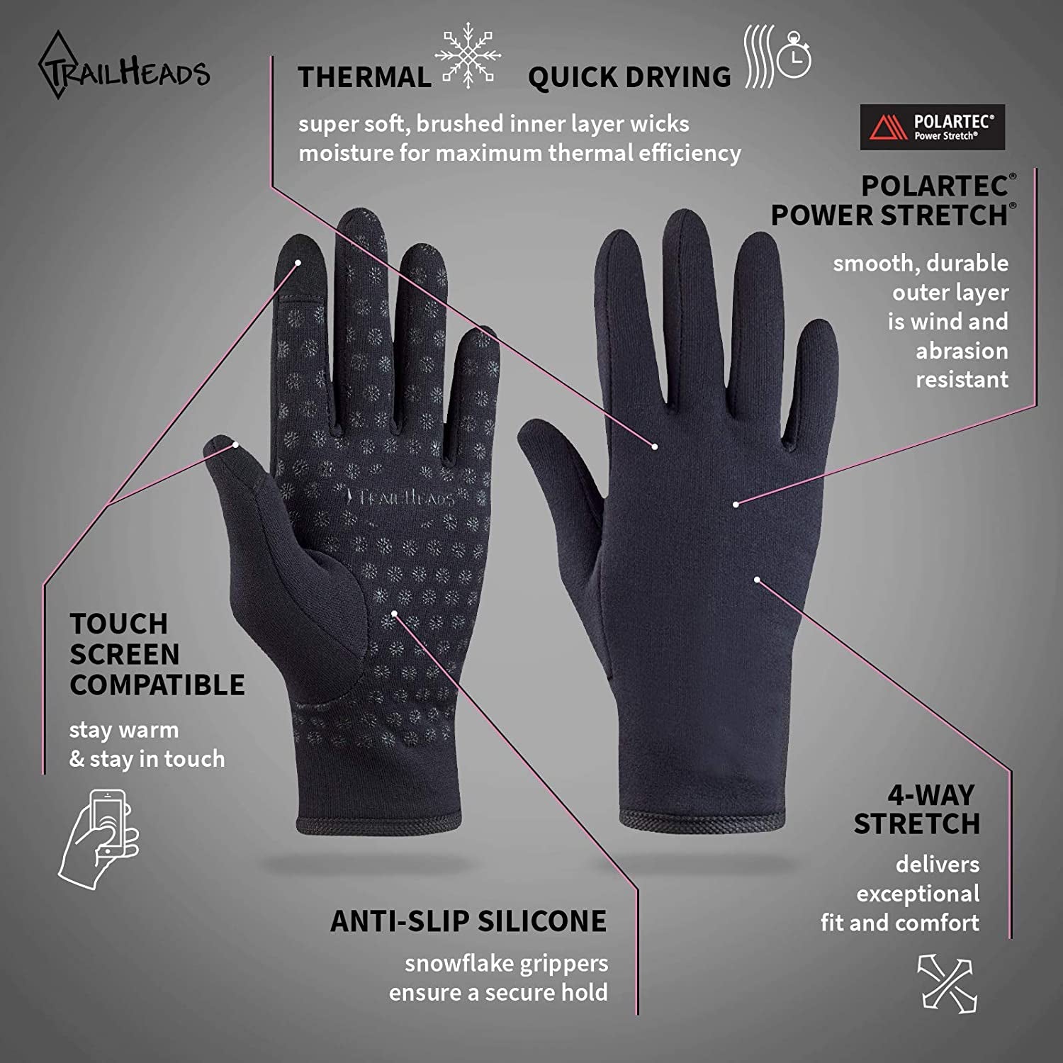 Trailheads Women’S Running Gloves | Touchscreen Gloves | Power Stretch Winter Running Accessories Apparel & Accessories > Clothing Accessories > Gloves & Mittens TrailHeads