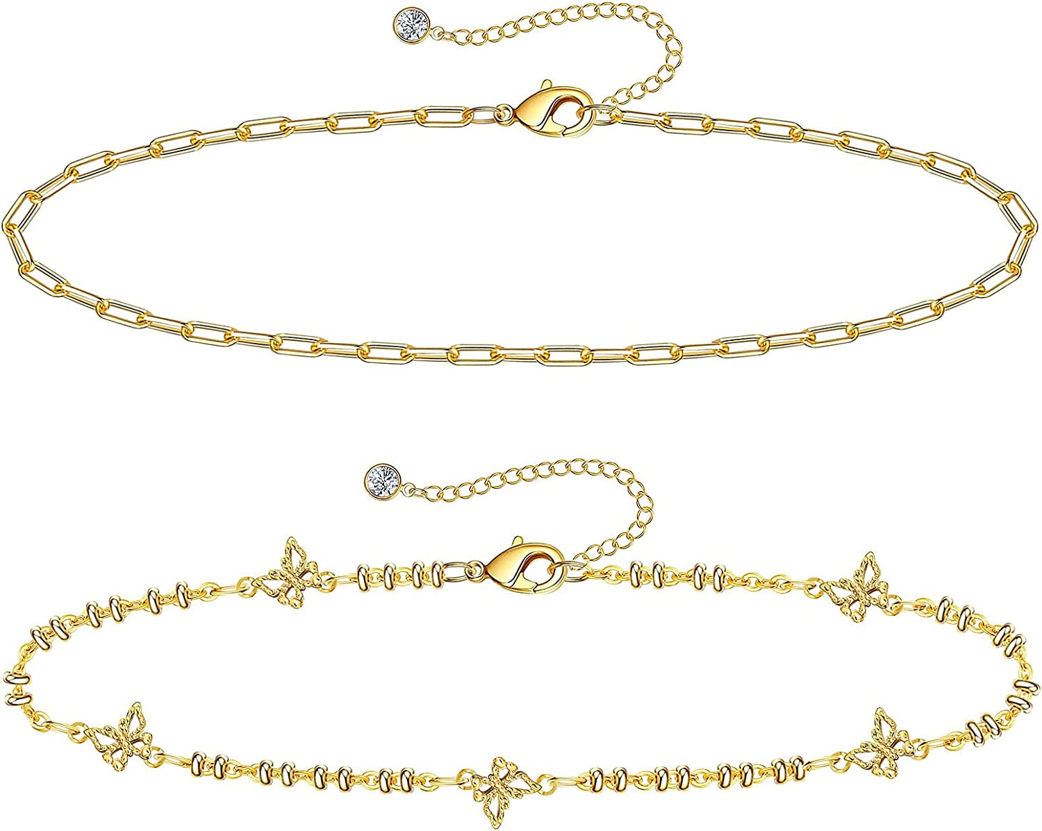 Gold Ankle Bracelets for Women 14K Gold Plated Anklet Silver Rose Gold Evil Eye Tennis Crystal Cubic Zirconia Faux Diamond Rhinestone Anklet Dainty Layered Anklet Set 3Pcs Apparel & Accessories > Jewelry > Anklets Vermeyen J-Yellow Gold-Butterfly
