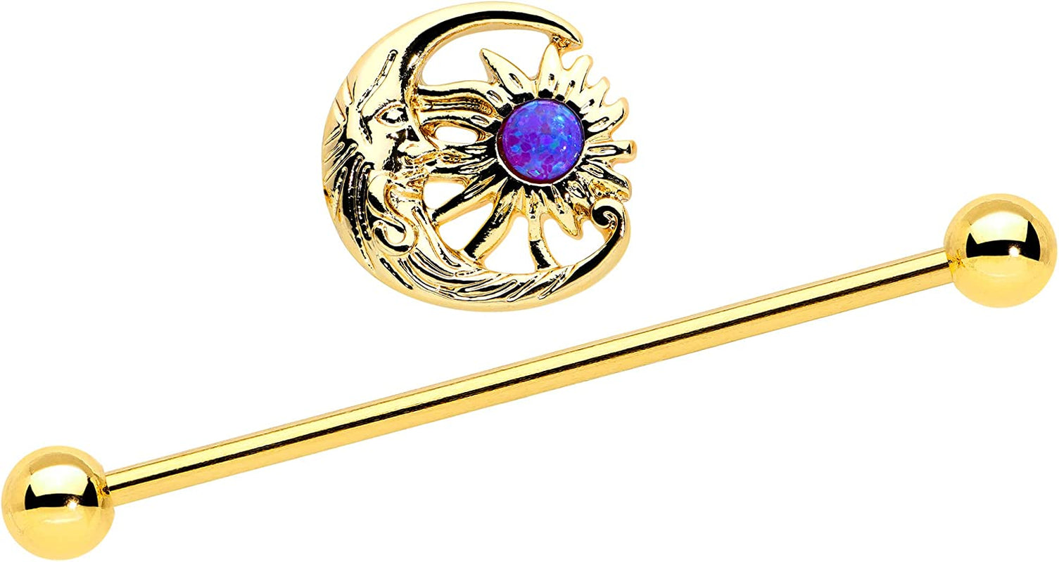 Body Candy Gold Anodized Steel Purple Synthetic Opal Moon Sun Helix Earring Industrial Barbell 14 Gauge 38Mm Apparel & Accessories > Jewelry > Body Jewelry Body Candy