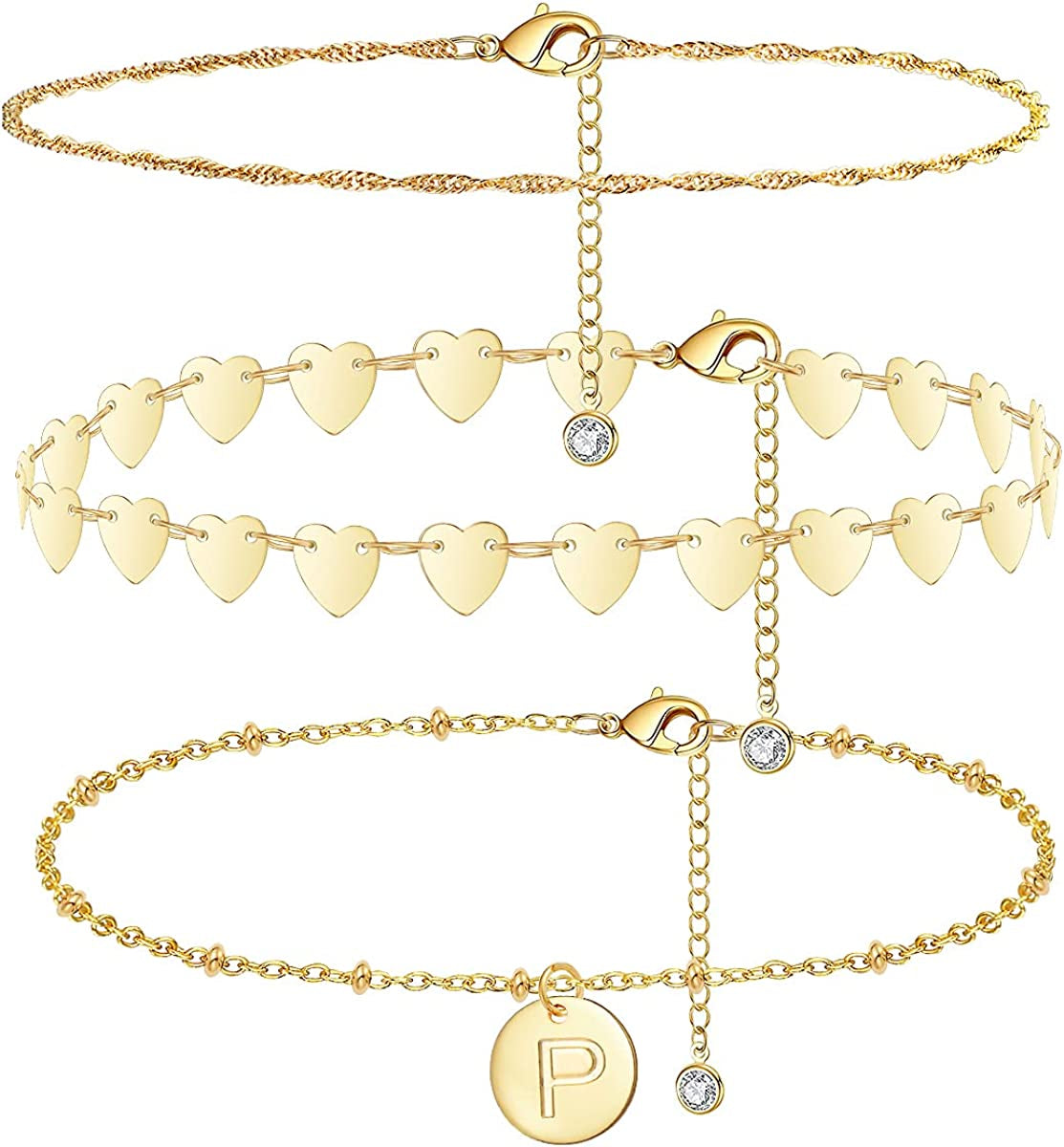 Initial Gold Ankle Bracelets for Women 14K Gold Plated Anklet Heart Chain Anklet Dainty Engraved a to Z Letter Charm Alphabet Satellite Beaded Layered Anklet Set 3Pcs Apparel & Accessories > Jewelry > Anklets Vermeyen P