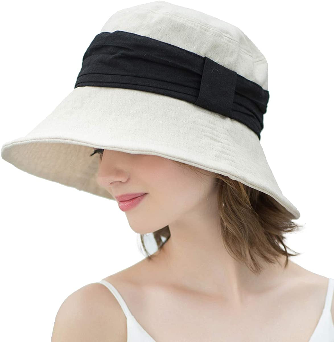 Somaler Sun Hats for Women Roll-Up Wide Brim Summer Beach Hat Foldable Floppy Cotton Hat Apparel & Accessories > Clothing Accessories > Hats Somaler Beige-strappy Hat