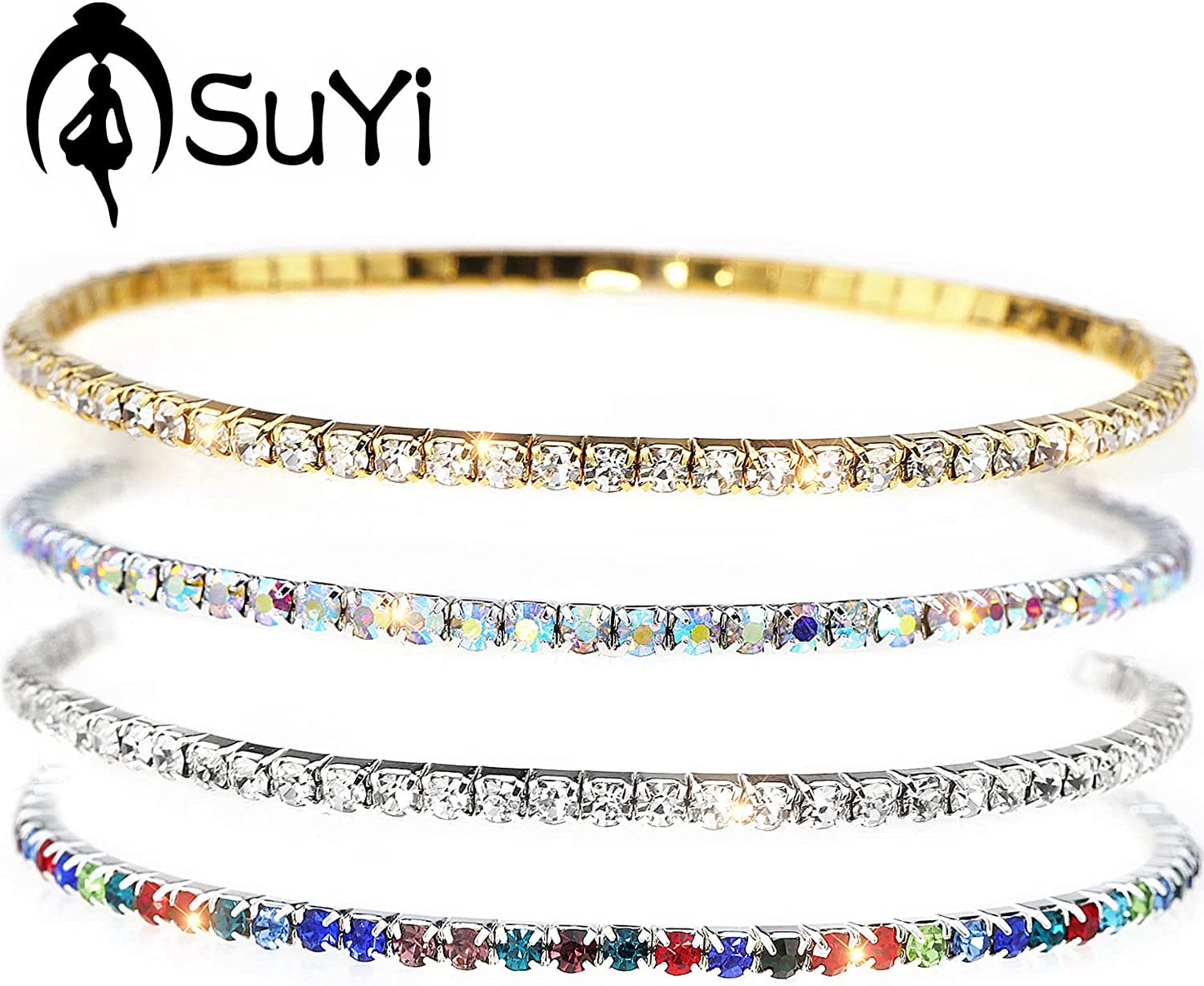 Suyi Crystal Ankle Bracelet for Women 4Pcs Diamond Tennis Stretch Anklets Elastic Foot Chain Apparel & Accessories > Jewelry > Anklets Suyi