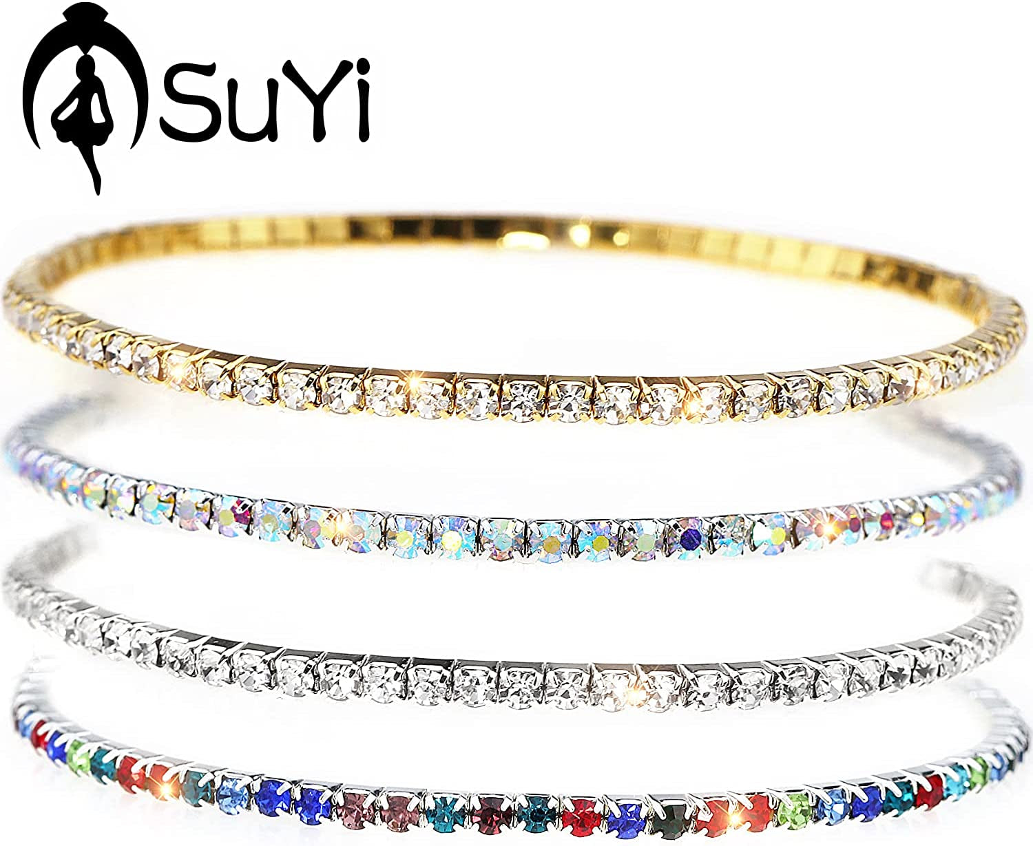Suyi Crystal Ankle Bracelet for Women 4Pcs Diamond Tennis Stretch Anklets Elastic Foot Chain Apparel & Accessories > Jewelry > Anklets Suyi