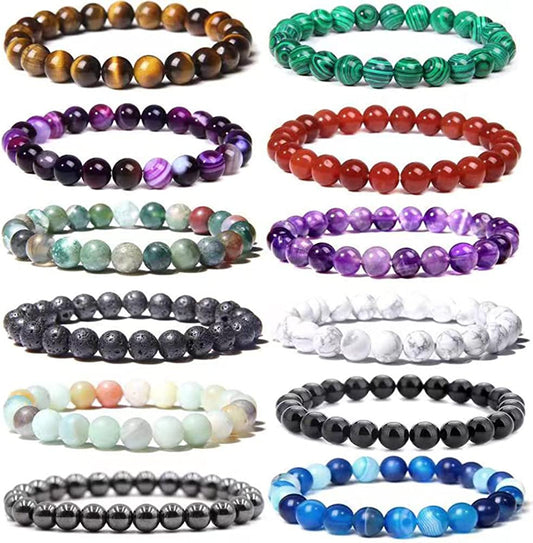 Svovin 12 Pcs 8Mm Gemstones Beaded Bracelets for Men Women Stone Bead Healing Stretch round Bead Crystal Semi-Precious Bracelets Unisex Apparel & Accessories > Jewelry > Bracelets Svovin