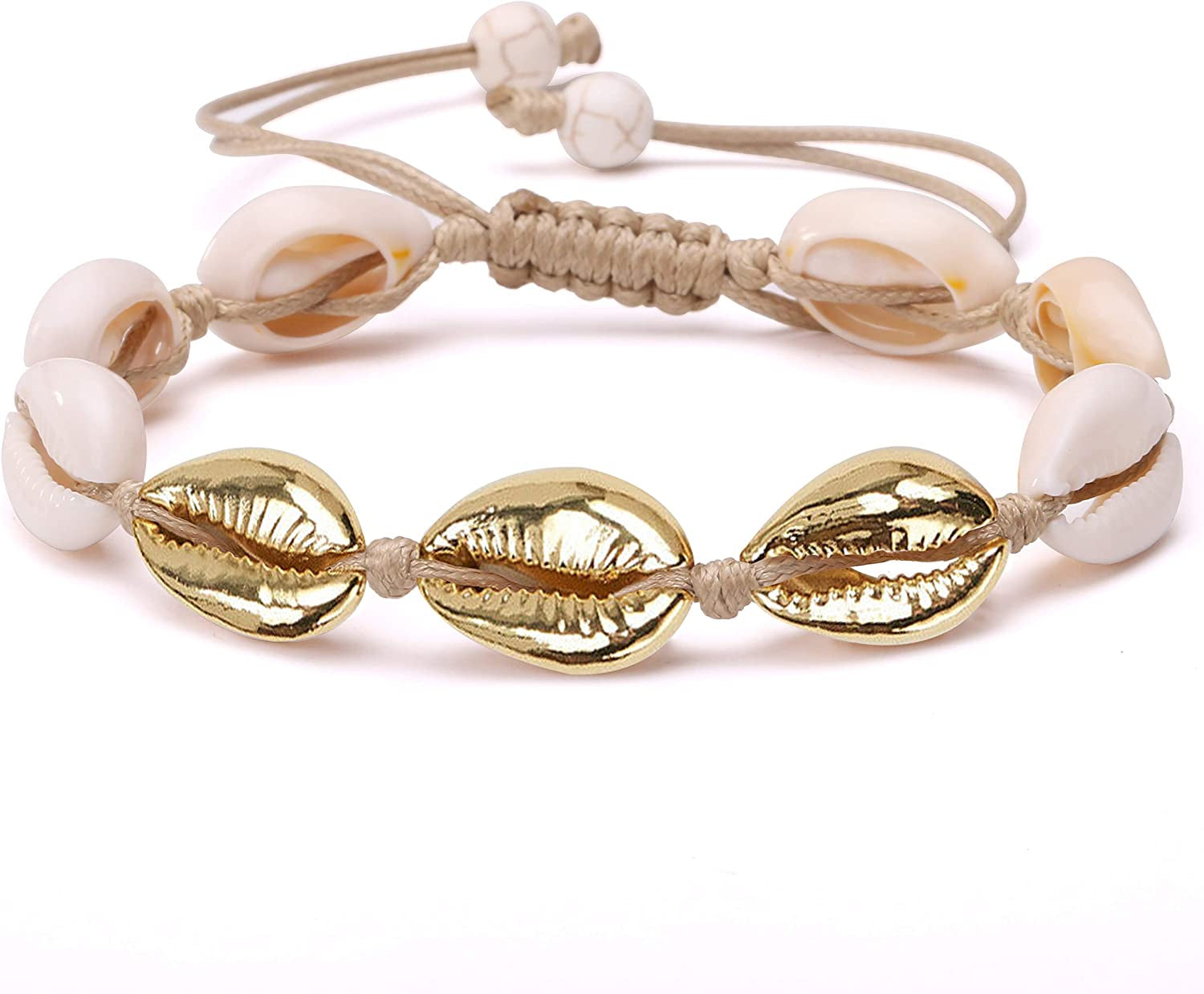 POTESSA Natural Cowrie Beads Shell Anklet Bracelet Handmade Beach Foot Jewelry Hawaiian Jamaican Style Adjustable for Women Unisex Apparel & Accessories > Jewelry > Anklets POTESSA Gold