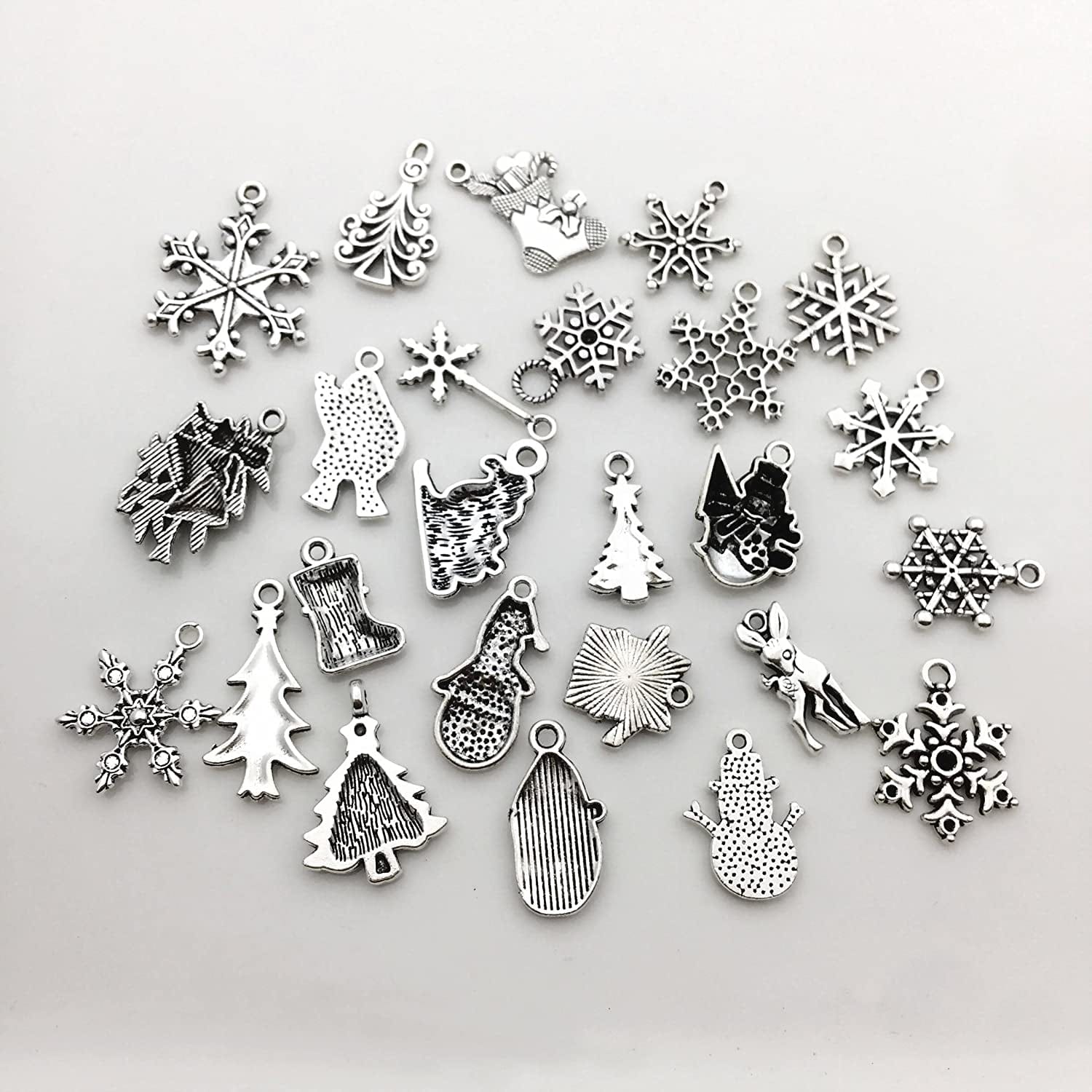 75 Pcs Mixed Craft Supplies Christmas Tree Snowflakes Deer Bell Stocking Charms Pendants for Crafting Jewelry Findings Making Accessory for DIY Necklace Bracelet (M041)