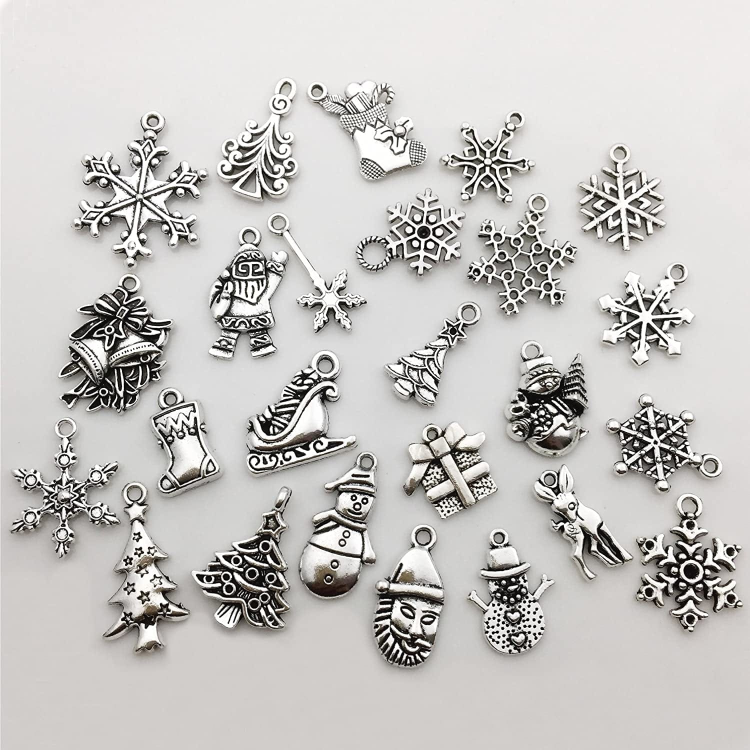 75 Pcs Mixed Craft Supplies Christmas Tree Snowflakes Deer Bell Stocking Charms Pendants for Crafting Jewelry Findings Making Accessory for DIY Necklace Bracelet (M041)