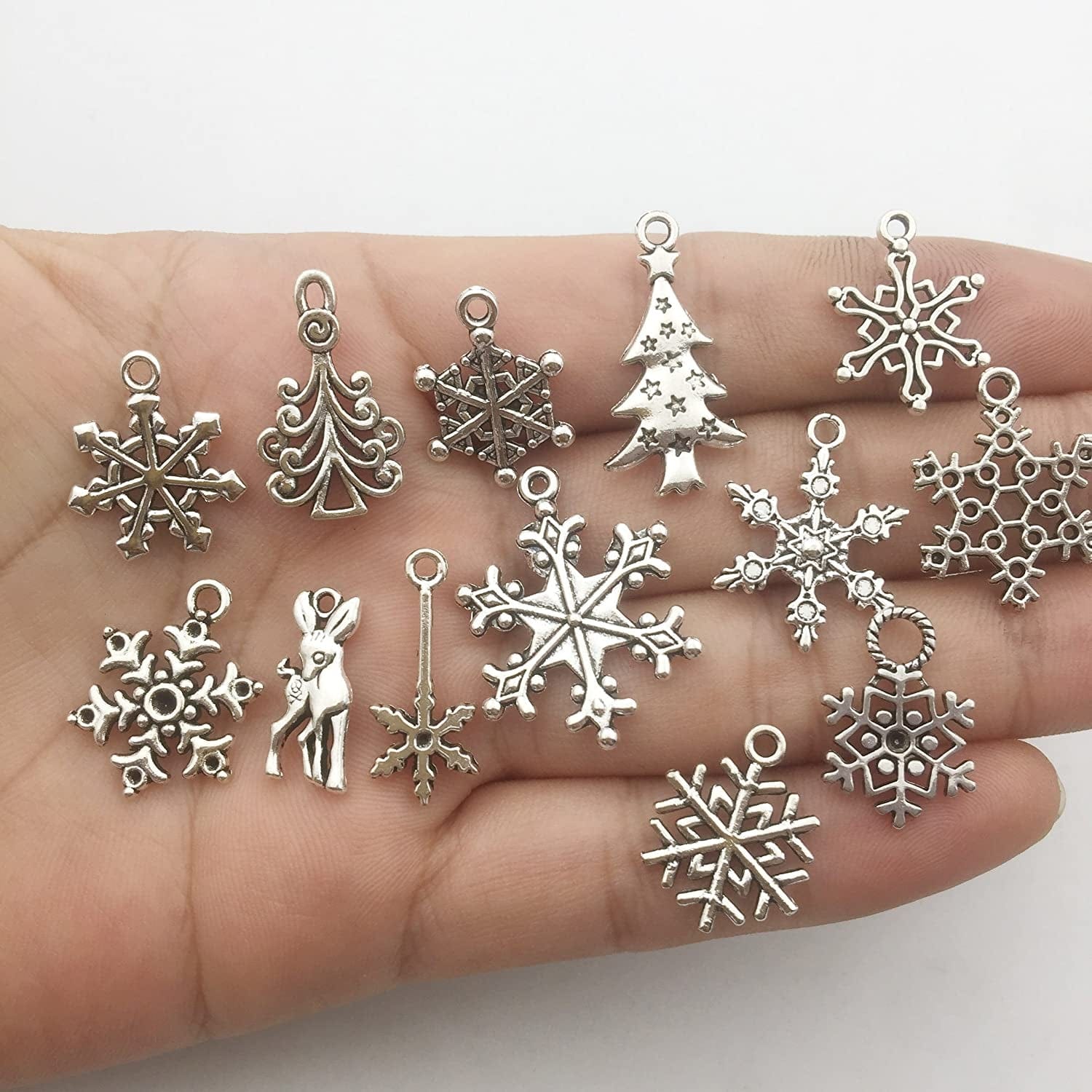 75 Pcs Mixed Craft Supplies Christmas Tree Snowflakes Deer Bell Stocking Charms Pendants for Crafting Jewelry Findings Making Accessory for DIY Necklace Bracelet (M041)
