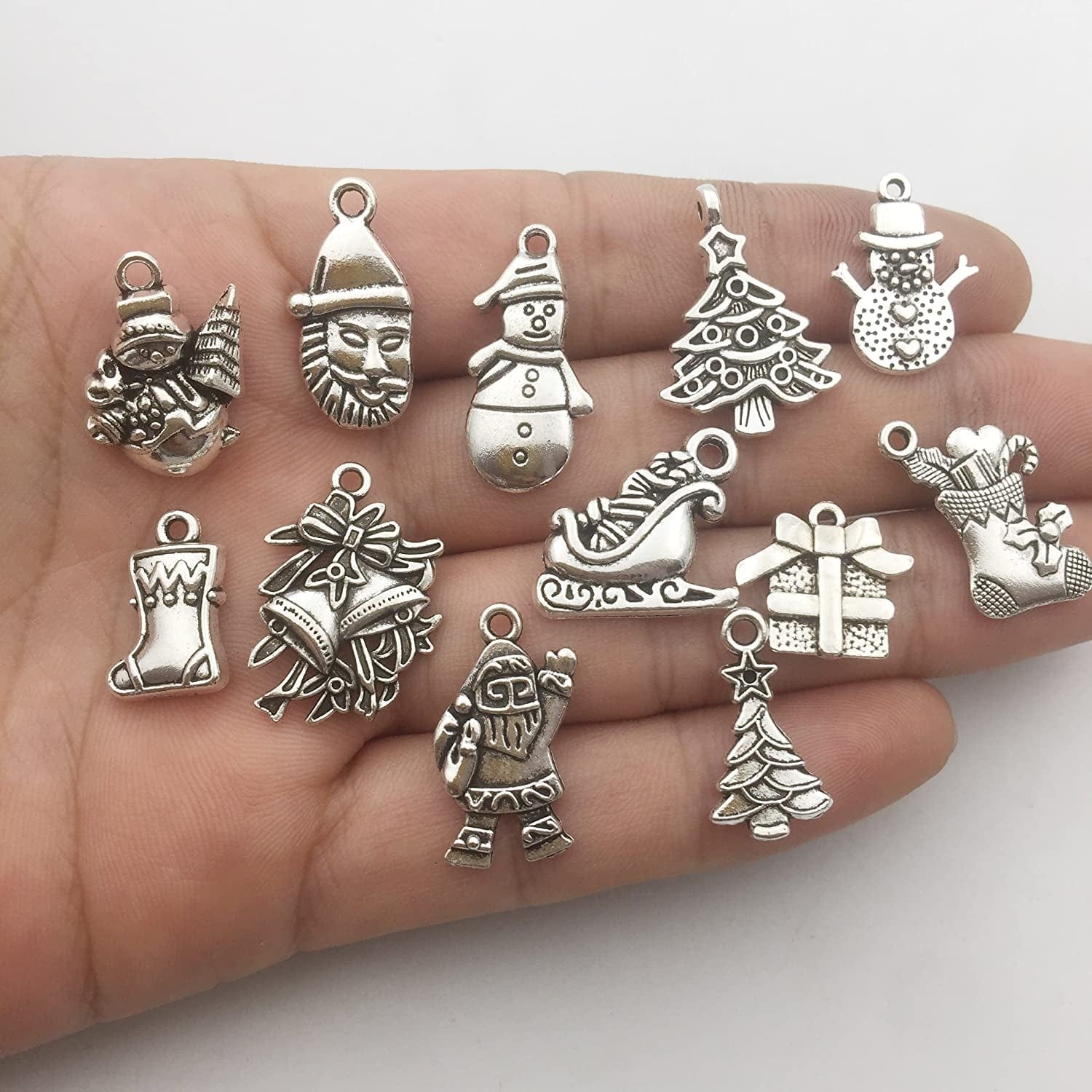 75 Pcs Mixed Craft Supplies Christmas Tree Snowflakes Deer Bell Stocking Charms Pendants for Crafting Jewelry Findings Making Accessory for DIY Necklace Bracelet (M041)