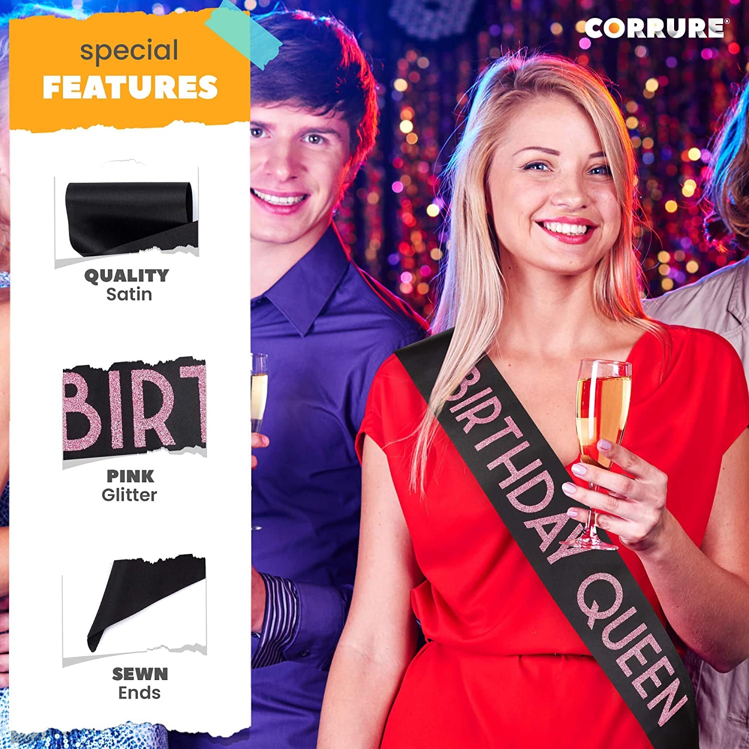 CORRURE 'Birthday Queen' Sash with Pink Glitter - Soft Satin Black Sash for Women - Happy Birthday Sash for Girls, Sweet 16, 18Th 21St 25Th 30Th 40Th 50Th or Any Other Bday Party Apparel & Accessories > Clothing Accessories > Sashes CORRURE