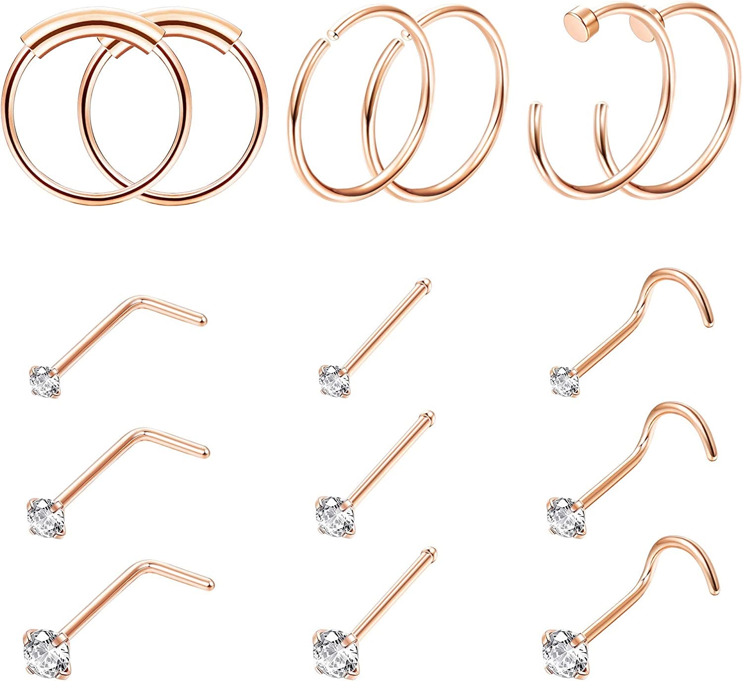 FINREZIO 15PCS 22G Surgical Steel Nose Rings Hoop Studs Cartilage Earrings Body Piercing Jewelry 1.5Mm 2Mm 2.5Mm CZ Apparel & Accessories > Jewelry > Rings FINREZIO C.Rose Gold Nose Ring