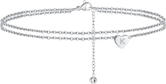Turandoss Silver Heart Initial Ankle Bracelets for Women, 14K White Gold Filled Handmade Dainty Layered Silver Anklet Letter Initial Heart Ankle Bracelets for Women Silver Summer Foot Beach Jewelry Apparel & Accessories > Jewelry > Anklets Turandoss K