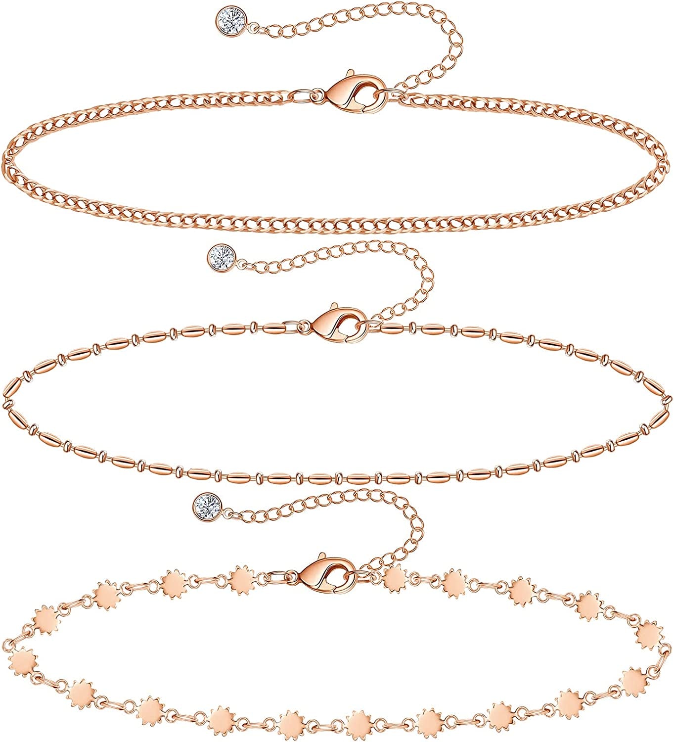 Gold Ankle Bracelets for Women 14K Gold Plated Anklet Silver Rose Gold Evil Eye Tennis Crystal Cubic Zirconia Faux Diamond Rhinestone Anklet Dainty Layered Anklet Set 3Pcs Apparel & Accessories > Jewelry > Anklets Vermeyen O-Rose Gold-Daisy