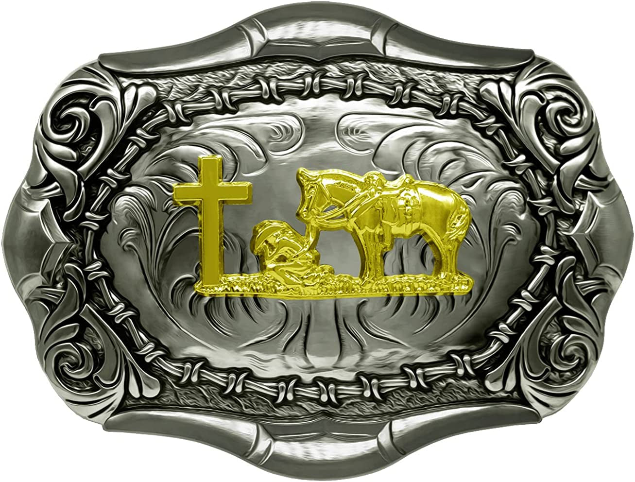 Moranse Religion Cross Cowboy Kneeling Prayer and Horse Design Belt Buckles Apparel & Accessories > Clothing Accessories > Belt Buckles Moranse Pattern Goldren 4