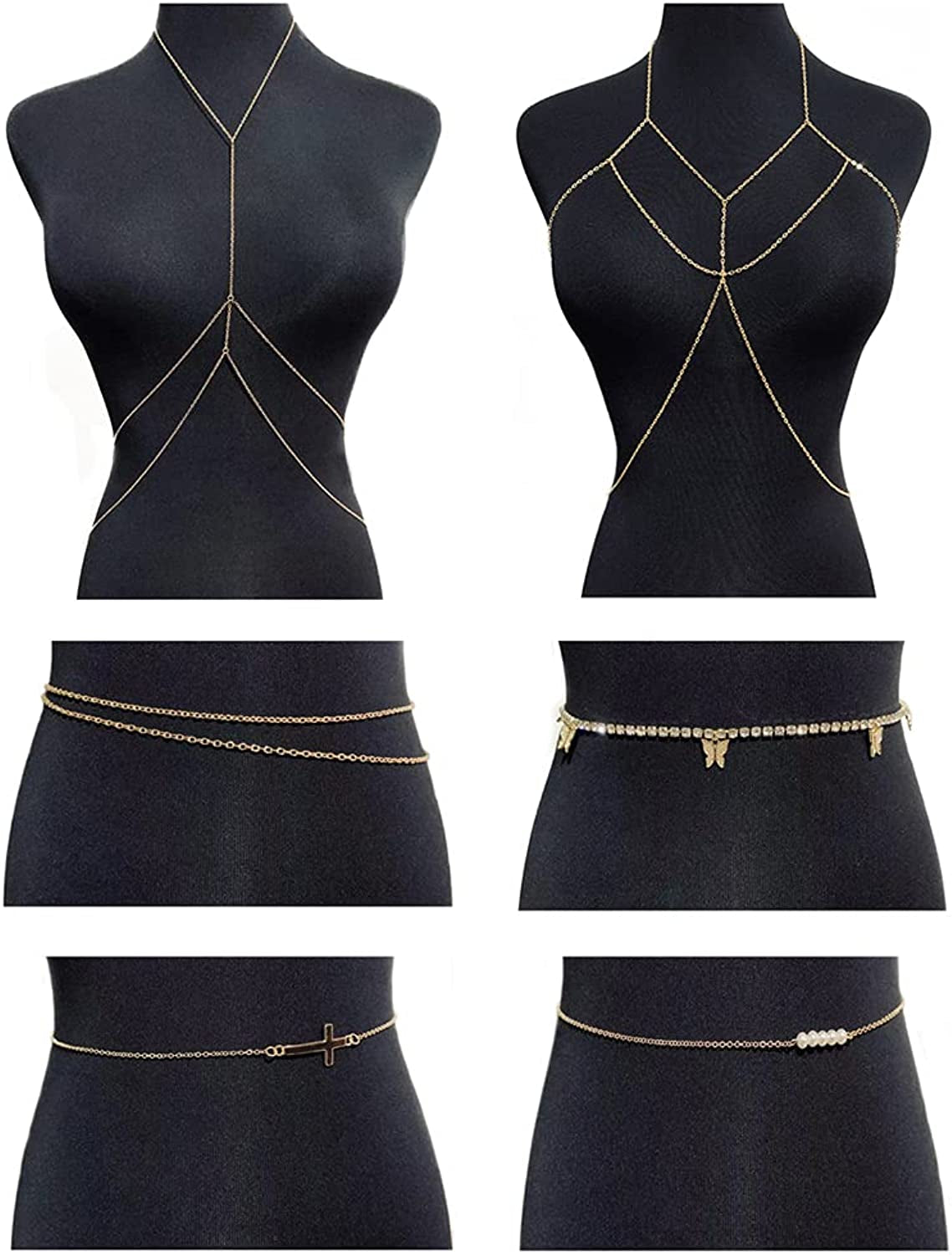 Ofeiyaa 4-6PCS Body Chain Jewelry Bra Chain Retro Waist Belt Chain Suit Bikini Beach Boho Chain Set for Women Girls Gold Tone Apparel & Accessories > Jewelry > Body Jewelry Ofeiyaa C:6pcs,(Butterfly)
