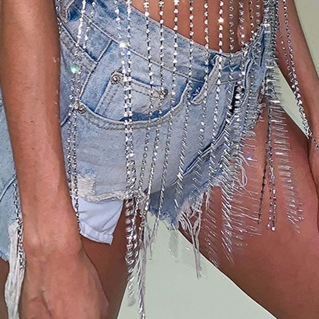Nicute Party Rhinestone Skirt Tassel Waist Chain Crystal Body Belly Chains Club Body Jewelry for Women and Girls (Silver) Apparel & Accessories > Jewelry > Body Jewelry Nicute