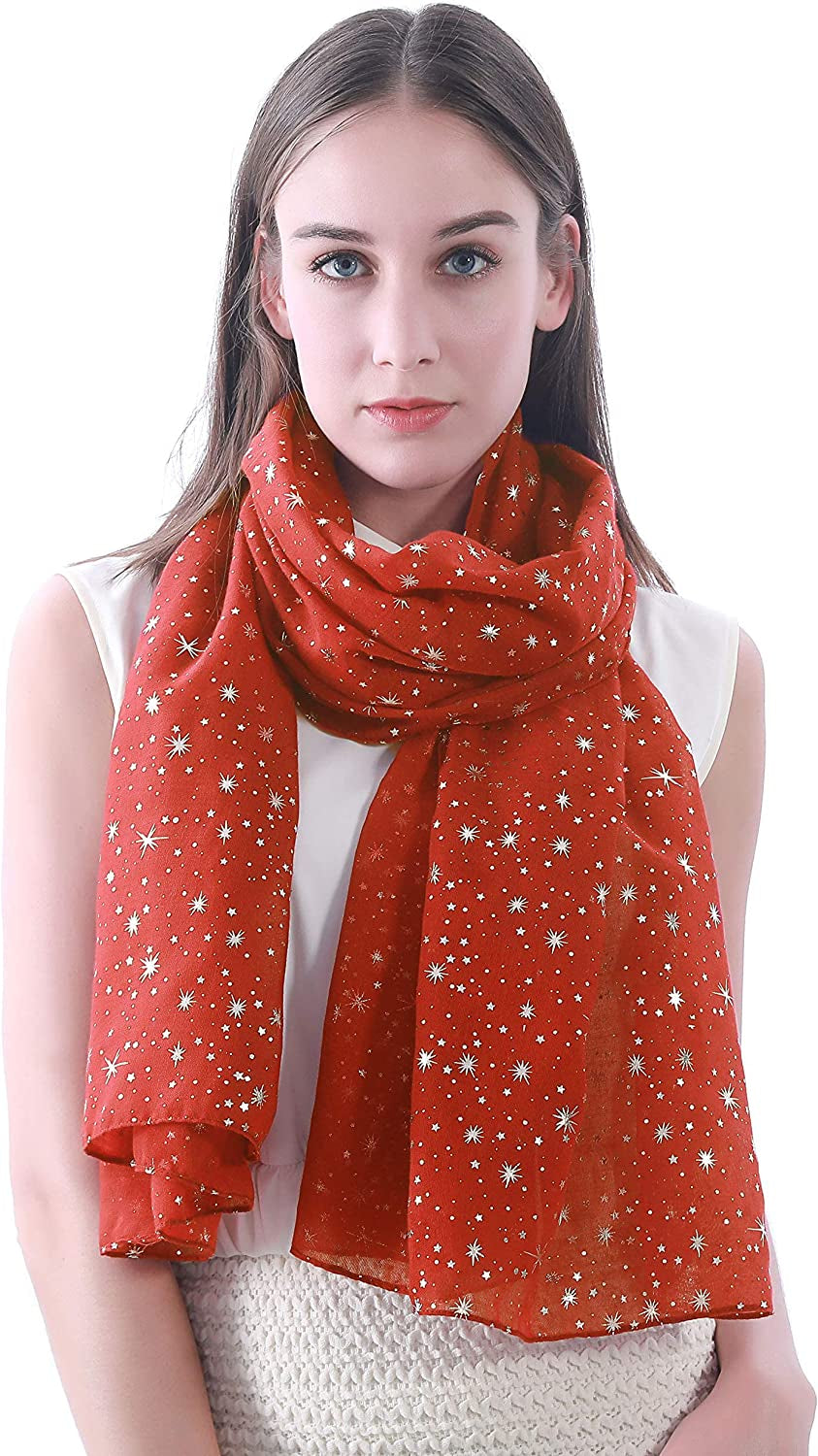 Lina & Lily Silver Gold Glitters Shimmer Foil Stars Women Scarf Shawl Wrap Apparel & Accessories > Clothing Accessories > Scarves & Shawls Lina & Lily Orange (Silver Stars)