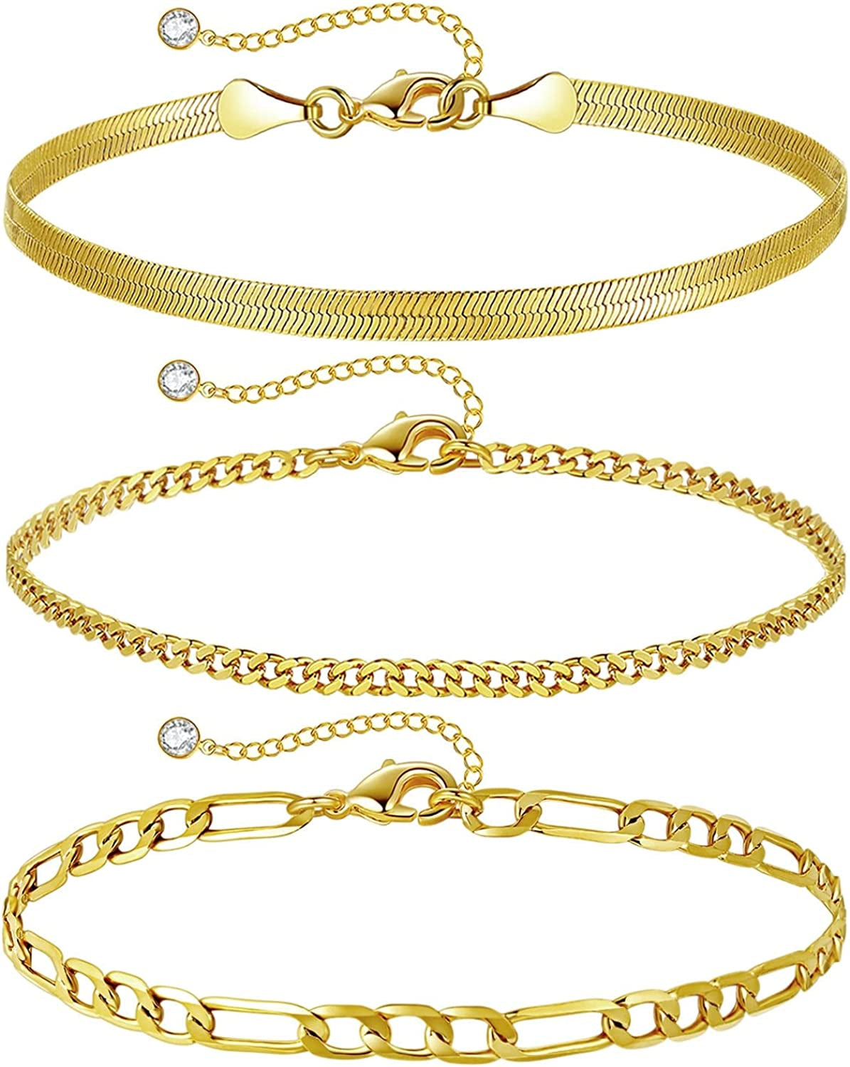 HAXIYA Ankle Bracelets for Women, 14K Gold Plated Adjust Beach Anklet, Cuban Link Chain, Beaded Anklet, Diamond Anklet, Figaro Chain, Water Proof for Summer Apparel & Accessories > Jewelry > Anklets HAXIYA Figaro-3