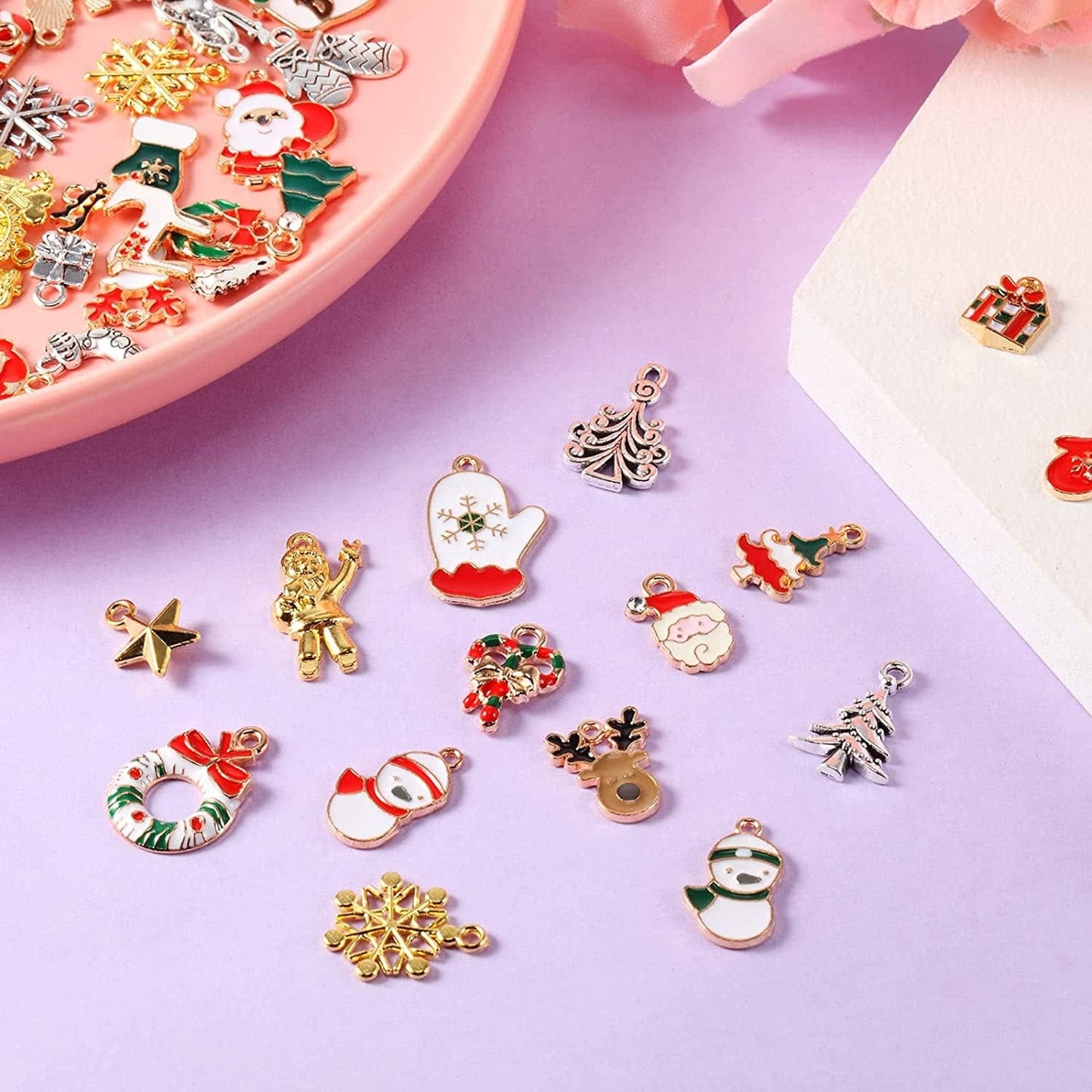 76 Pieces Enamel Christmas Charms Christmas Tree Snowflake Pendant Charm for Jewelry Making, Gold Silver Mixed Styles Xmas Charm for Necklace Bracelet DIY Crafting Bag Sweat Cloth Decoration
