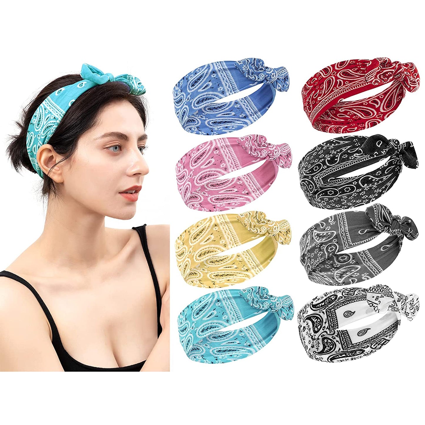 Habibee 8 Pcs Headbands for Women Boho Rabbit Ear Wide Headbands Flower Printed Hair Band with Bows Fashion and Sport Hair Accessories for Women and Girls Apparel & Accessories > Clothing Accessories > Bandanas & Headties habibee Boho-C