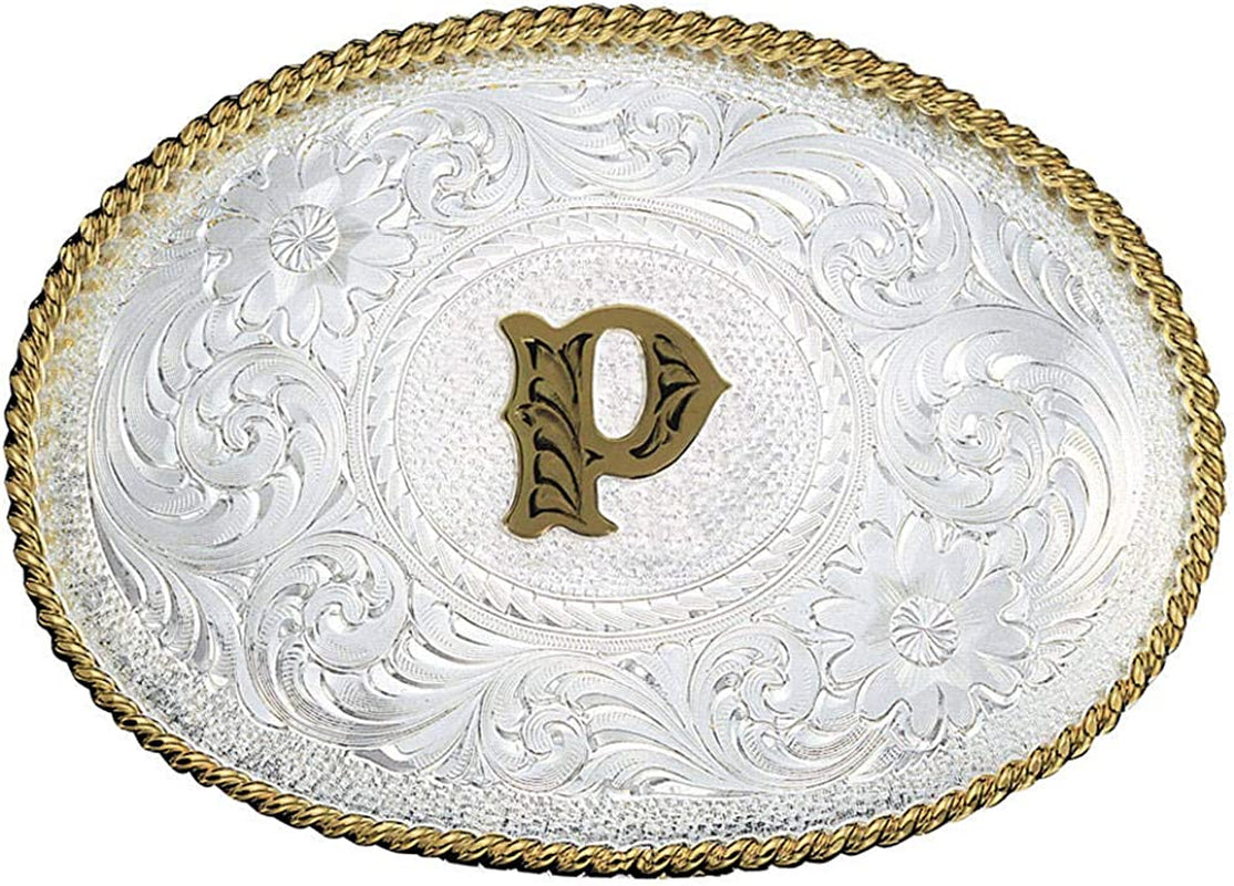 Montana Silversmiths Initial Letter Silver Engraved Gold Trim Western Belt Buckle Apparel & Accessories > Clothing Accessories > Belt Buckles Montana Silversmiths Initial P