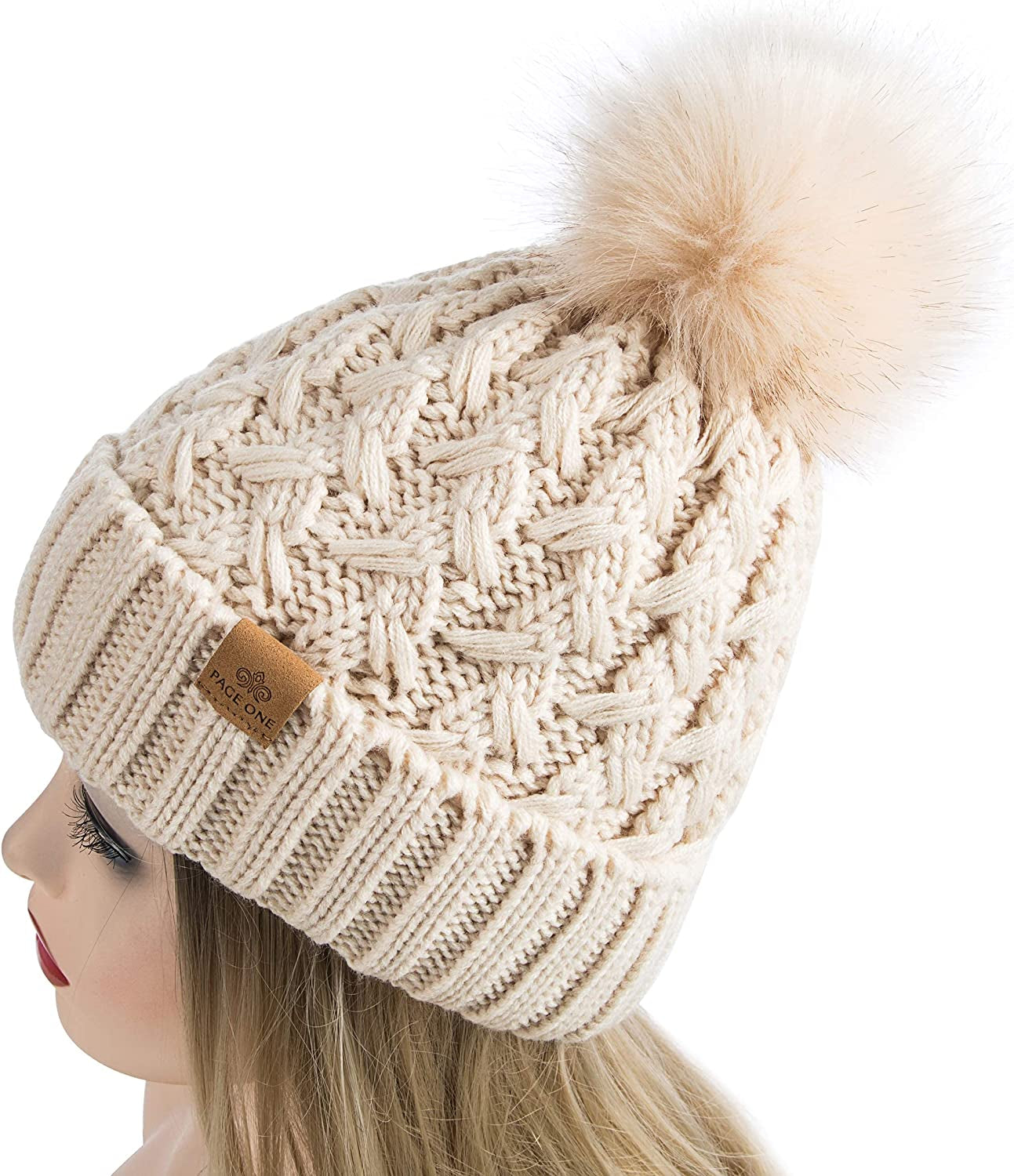 PAGE ONE Womens Winter Ribbed Beanie Crossed Cap Chunky Cable Knit Pompom Soft Warm Hat Apparel & Accessories > Clothing Accessories > Hats PAGE ONE