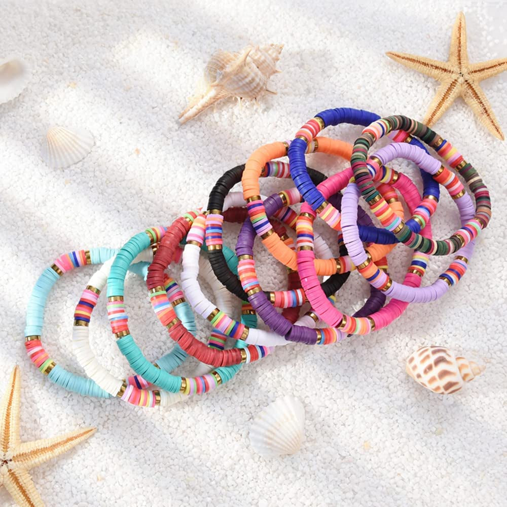 HYHONEY 12Pcs/Set Heishi Bracelet Surfer Bracelets for Women Stackable Clay Beaded Stretch Bracelets Elastic Layering Bracelets Boho Summer Beach Bracelets Jewelry Apparel & Accessories > Jewelry > Bracelets HYHONEY