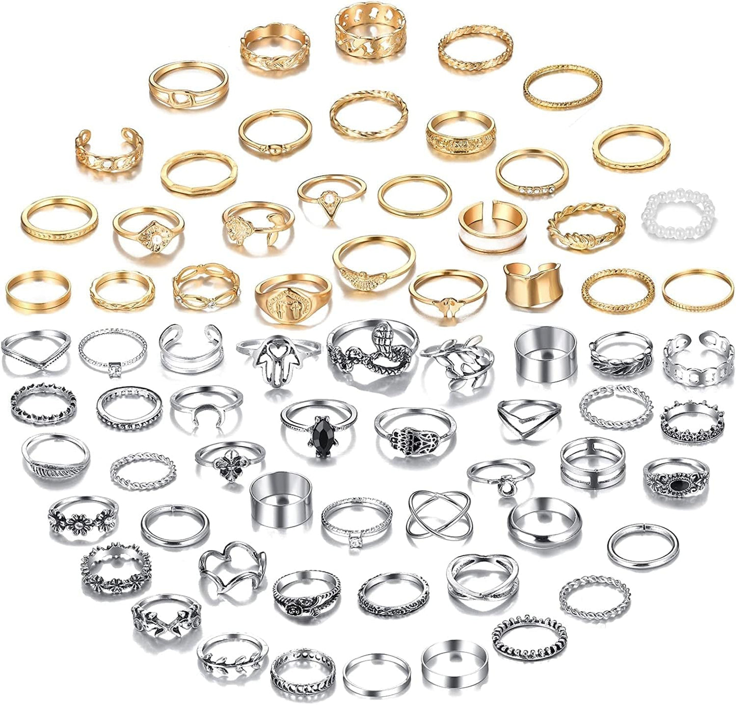 78 PCS Vintage Silver Knuckle Rings Set, Stackable Joint Finger Rings for Women, Bohemian Midi Rings, Boho Butterfly Snake Crystal Stacking Rings Pack Design 5-silver+gold