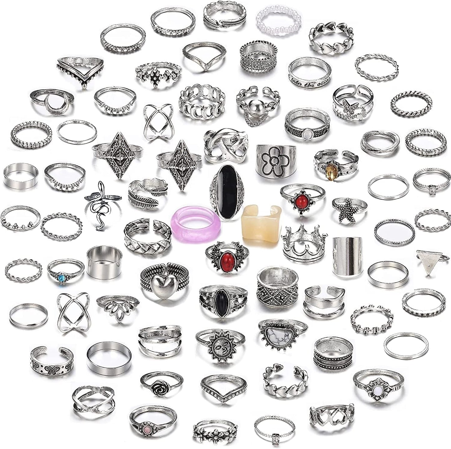 78 PCS Vintage Silver Knuckle Rings Set, Stackable Joint Finger Rings for Women, Bohemian Midi Rings, Boho Butterfly Snake Crystal Stacking Rings Pack Design 4-silver
