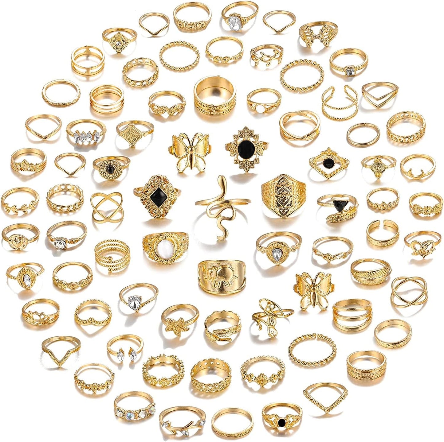 78 PCS Vintage Silver Knuckle Rings Set, Stackable Joint Finger Rings for Women, Bohemian Midi Rings, Boho Butterfly Snake Crystal Stacking Rings Pack Design 1-gold