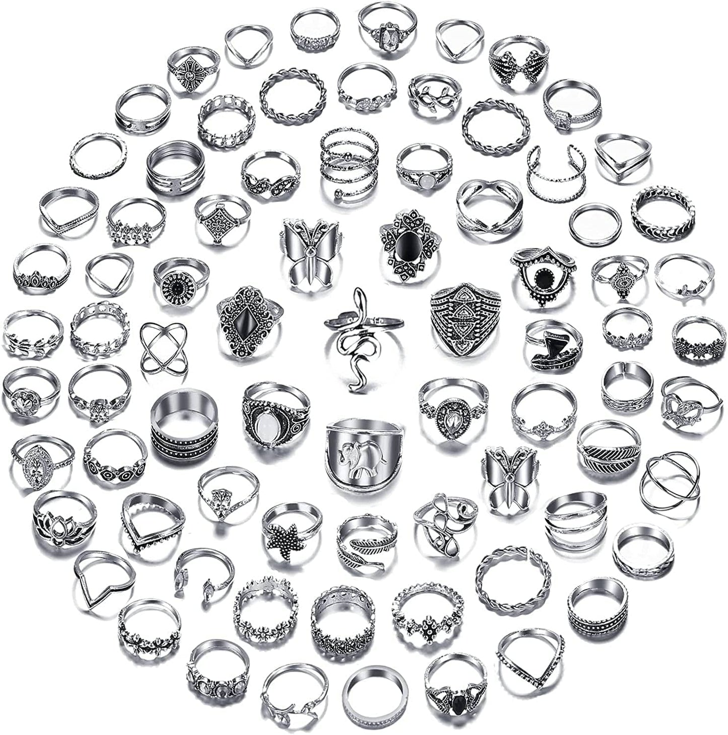 78 PCS Vintage Silver Knuckle Rings Set, Stackable Joint Finger Rings for Women, Bohemian Midi Rings, Boho Butterfly Snake Crystal Stacking Rings Pack Design 1-silver