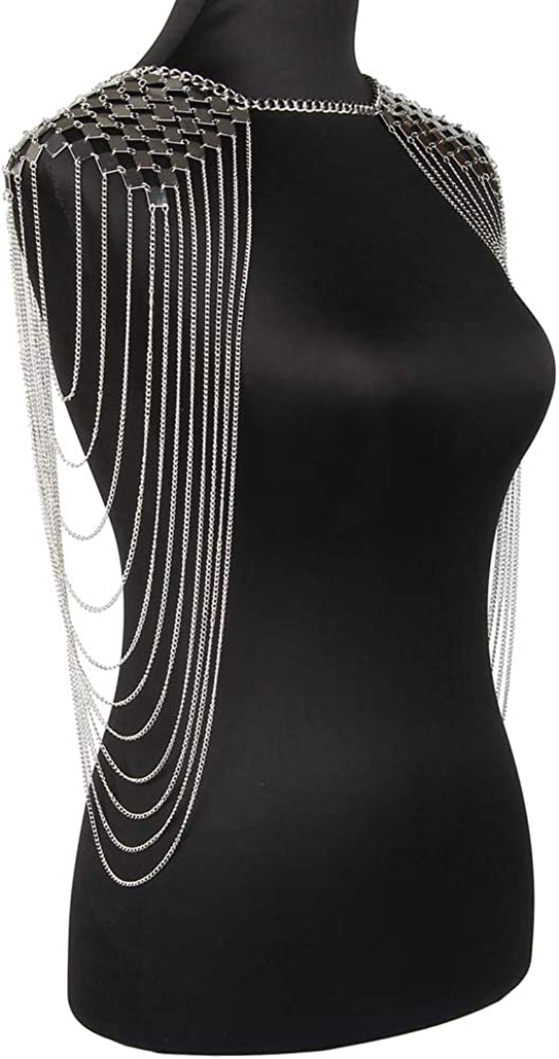 Chrontier Harness Body Chain Link Epaulet Shoulder Chain Necklace Collar Dangling Tassels for Bridal Women Prom Party Wedding Dress Accessory Silver Tone Apparel & Accessories > Jewelry > Body Jewelry Chrontier