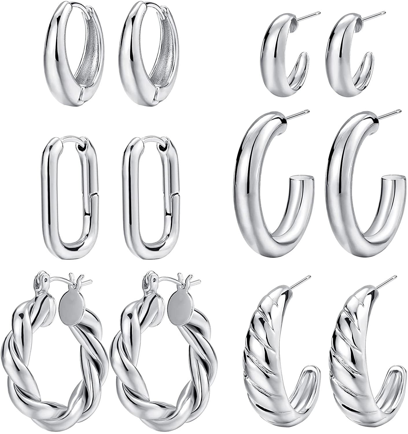 Gold Hoop Earrings Set for Women, 14K Gold Plated Lightweight Hypoallergenic Chunky Open Hoops Set for Gift Apparel & Accessories > Jewelry > Earrings KYLIE MAX Silver