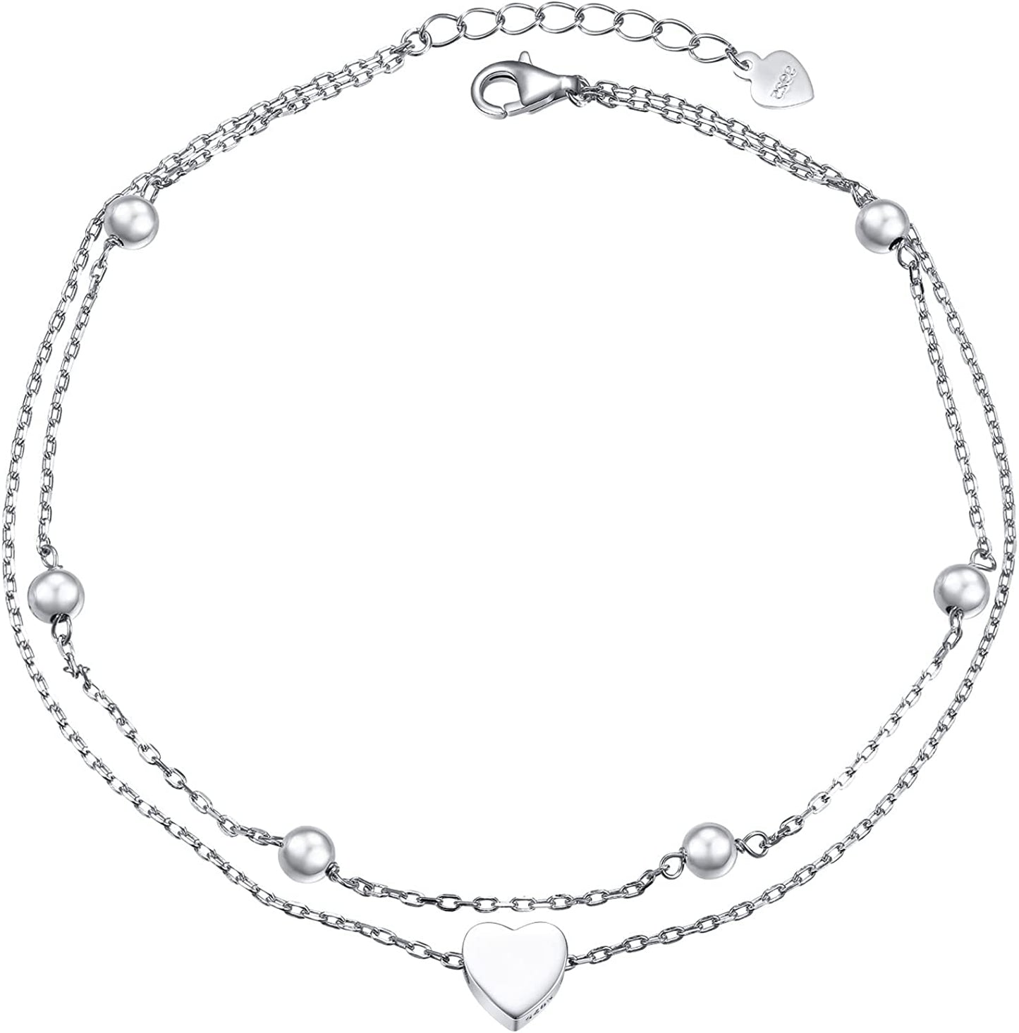 Flyow Anklet for Women S925 Sterling Silver Adjustable Foot Beaded Heart Charm Ankle Bracelet Anklets Jewelry Apparel & Accessories > Jewelry > Anklets FLYOW heart charm 12+2
