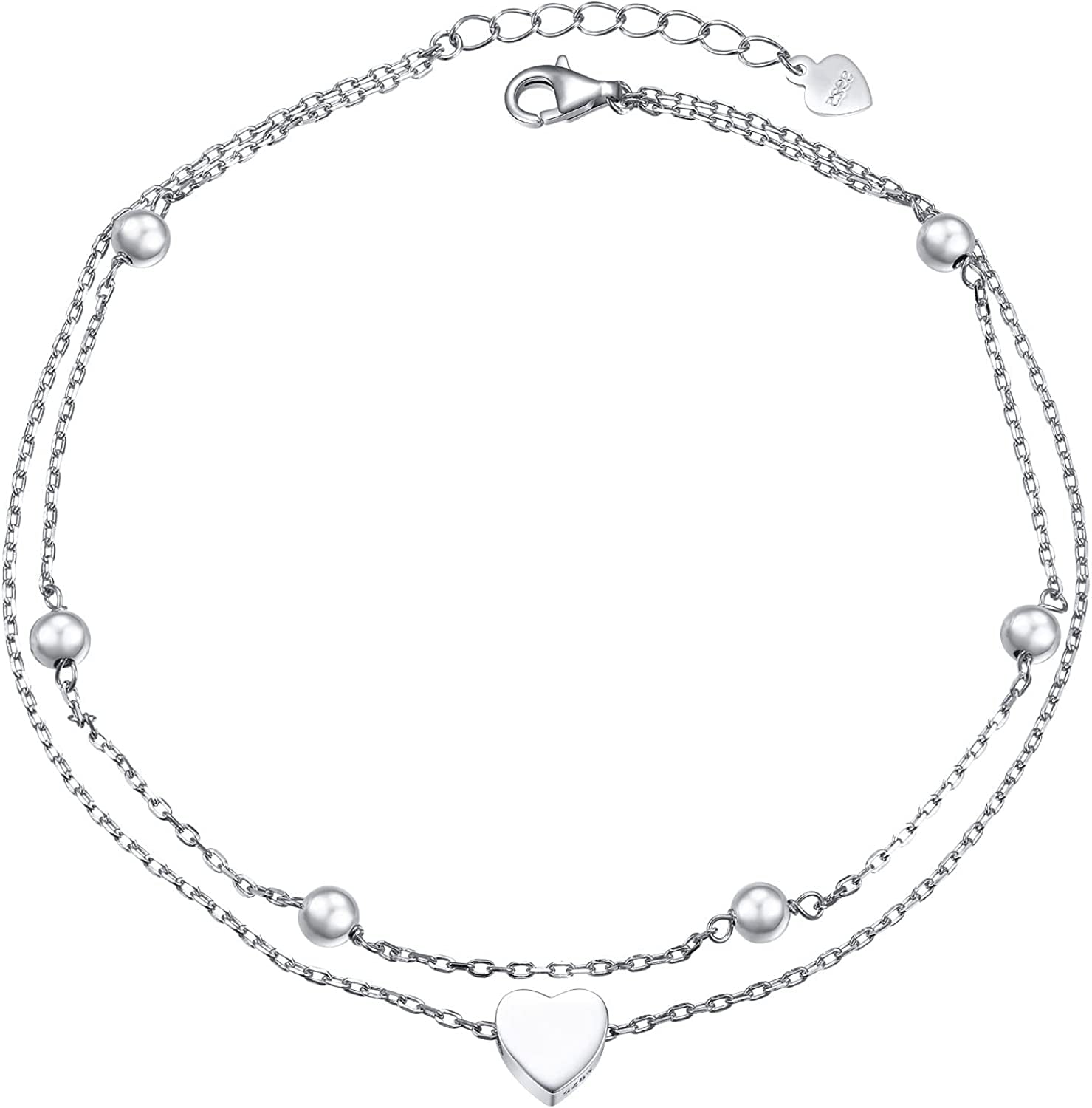 Flyow Anklet for Women S925 Sterling Silver Adjustable Foot Beaded Heart Charm Ankle Bracelet Anklets Jewelry Apparel & Accessories > Jewelry > Anklets FLYOW heart charm 12+2