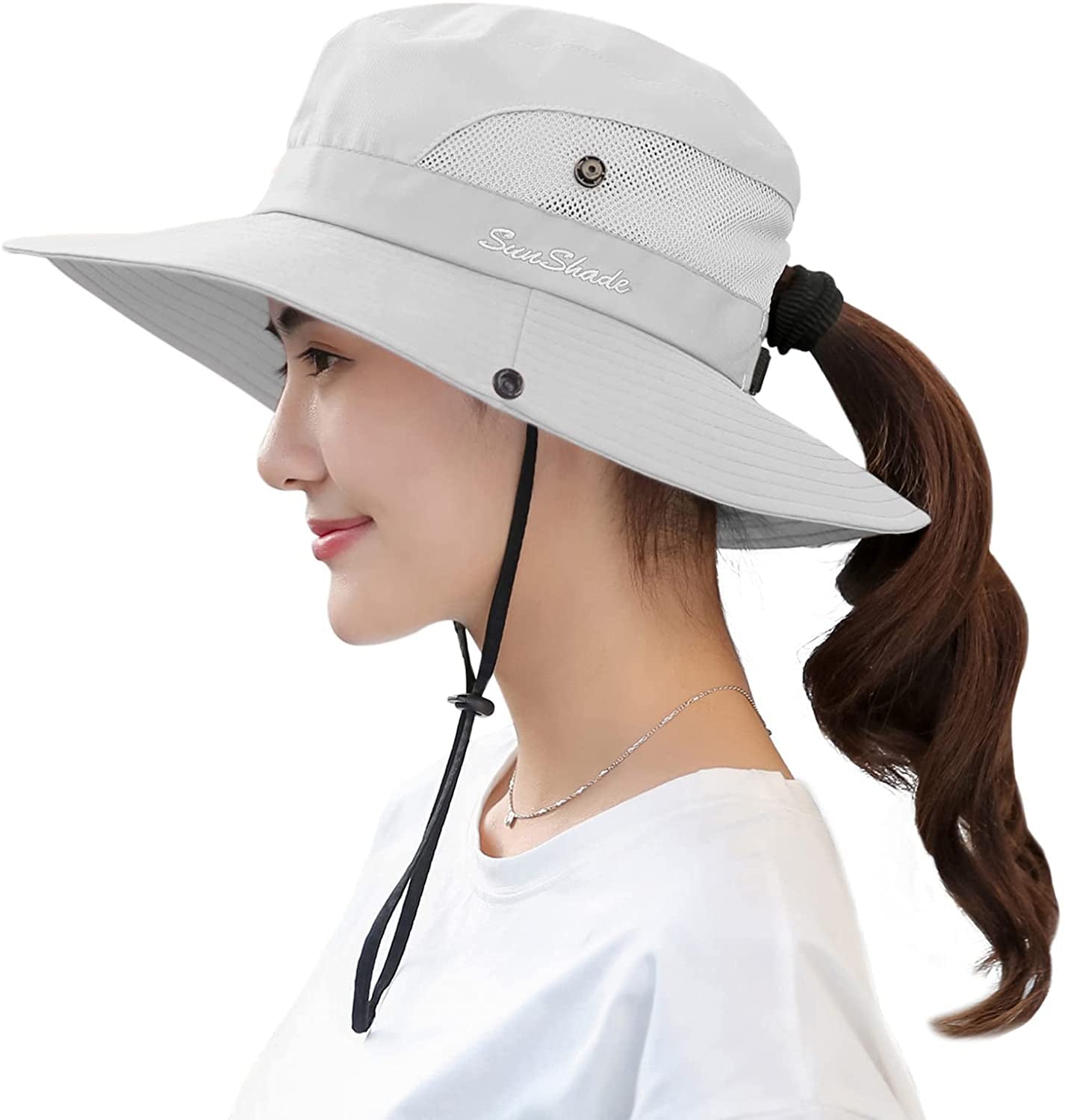 Muryobao Women'S Ponytail Sun Hat UV Protection Foldable Mesh Wide Brim Beach Fishing Hat Apparel & Accessories > Clothing Accessories > Hats Muryobao Pure Beige