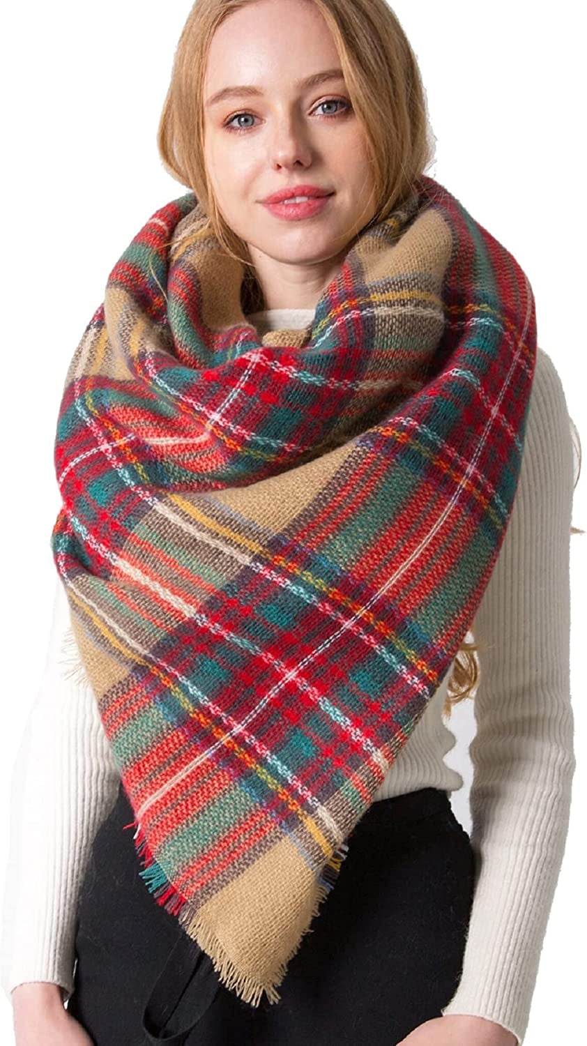 Plaid Scarf Soft Warm Tartan Shawl Cape Blanket Scarves Fashion Wrap Apparel & Accessories > Clothing Accessories > Scarves & Shawls vxsvxm Khaki/Red/Green