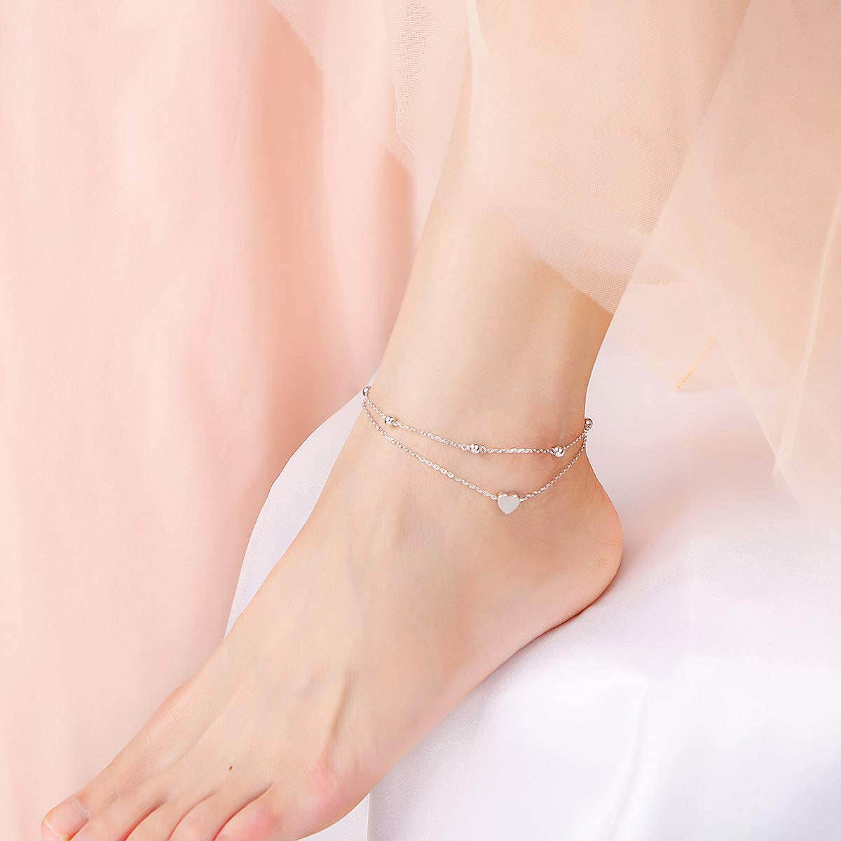 Flyow Anklet for Women S925 Sterling Silver Adjustable Foot Beaded Heart Charm Ankle Bracelet Anklets Jewelry Apparel & Accessories > Jewelry > Anklets FLYOW