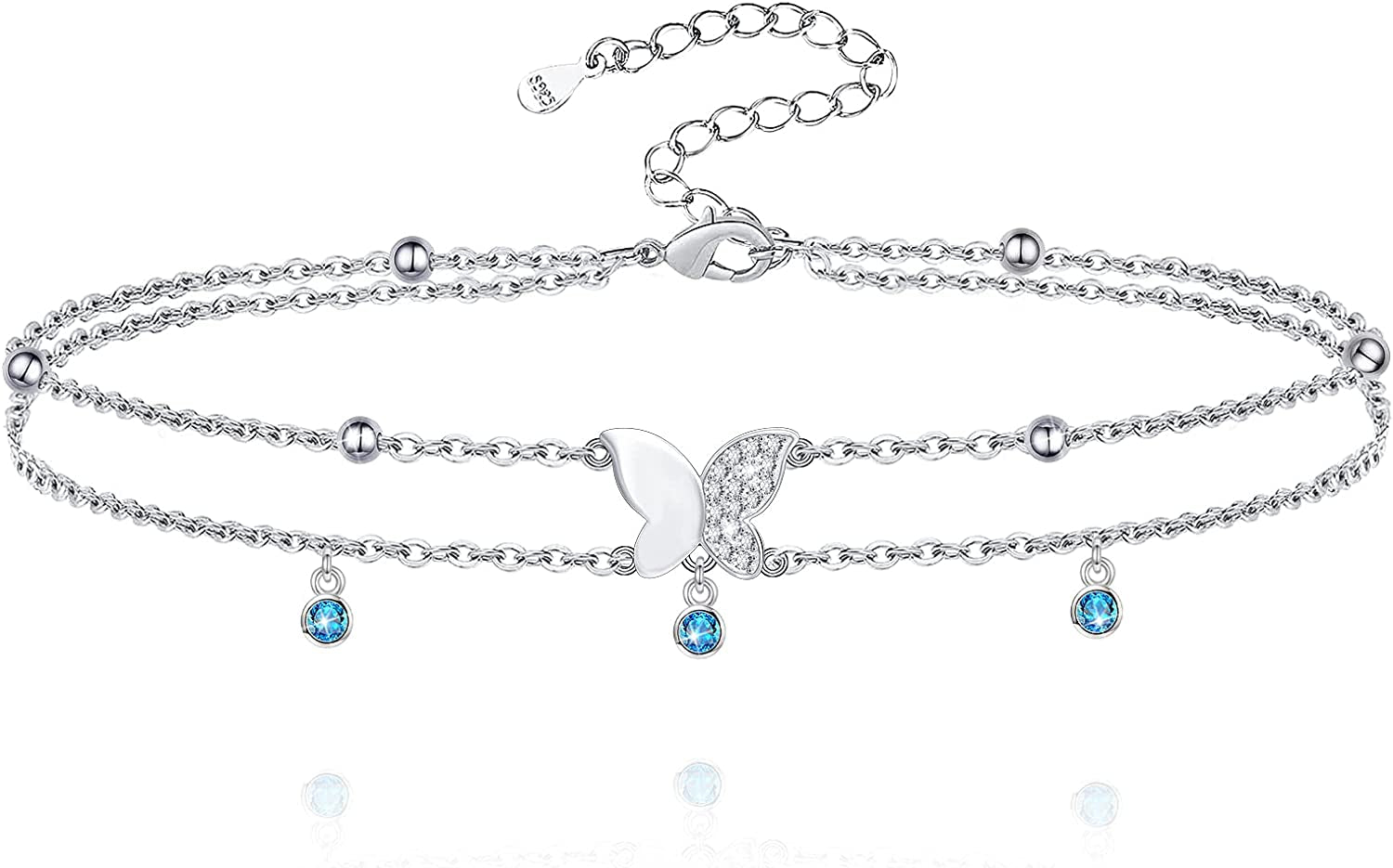 ATTRACTTO Butterfly Anklet Bracelets for Women 925 Sterling Silver Layered Anklets for Sea Beach Foot Ankle for Teen Girls Wife Girlfriend Mother Apparel & Accessories > Jewelry > Anklets ATTRACTTO D-Butterfly Anklet(Blue)