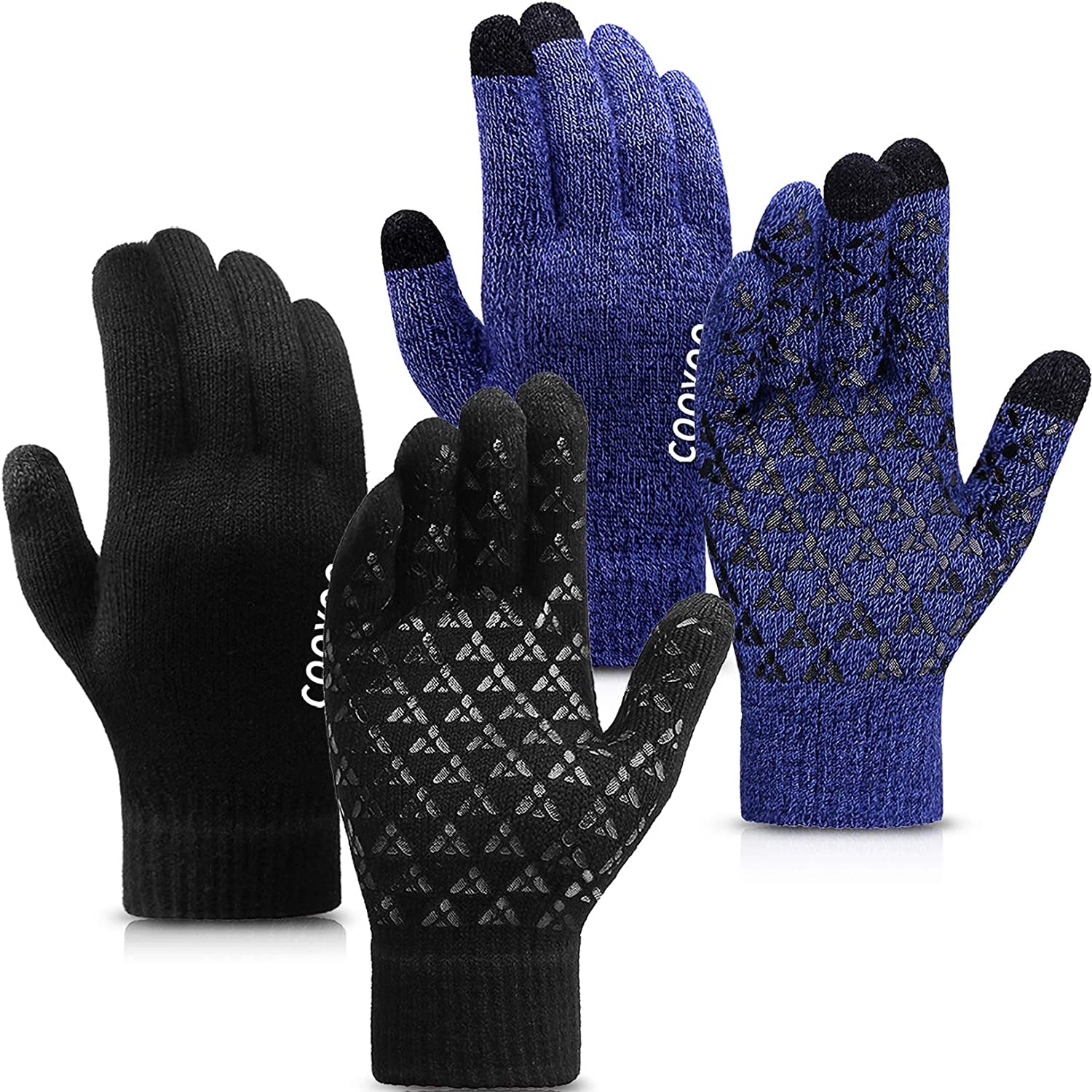 Winter Gloves for Women and Men 1/2/3 Pairs,Upgraded Touch Screen Gloves,Anti-Slip Silicone Gel- Thermal Soft Wool Lining Apparel & Accessories > Clothing Accessories > Gloves & Mittens COOYOO 04-2 Pairs(black/Blue) Large
