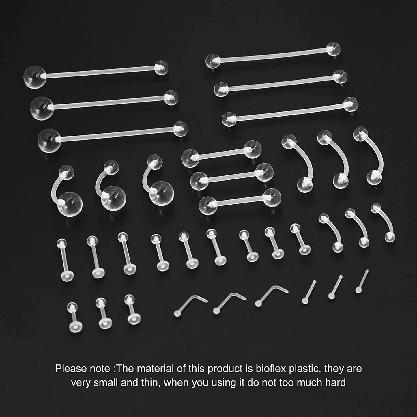Piercingart 36Pcs Clear Piercing Retainers Bioflex Nose Tongue Nipple Belly Rings Eyebrow Lip Nose Studs Cartilage Tragus Earring Retainer Industrial Bar Plastic Piercing Jewelry for Surgery Apparel & Accessories > Jewelry > Body Jewelry PiercingArt