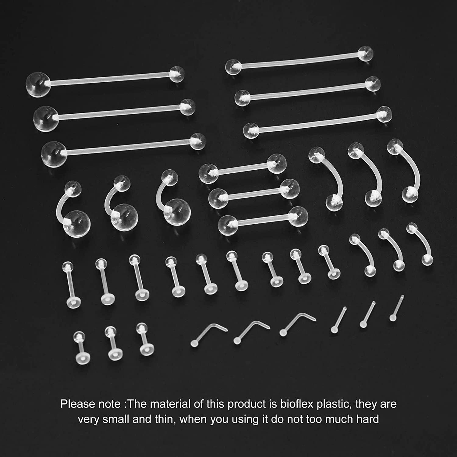 Piercingart 36Pcs Clear Piercing Retainers Bioflex Nose Tongue Nipple Belly Rings Eyebrow Lip Nose Studs Cartilage Tragus Earring Retainer Industrial Bar Plastic Piercing Jewelry for Surgery Apparel & Accessories > Jewelry > Body Jewelry PiercingArt