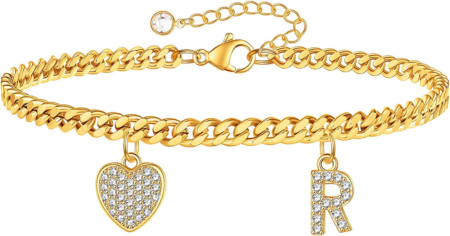 Gold Heart Ankle Bracelets for Women 14K Gold Plated Initial Charm Gold Anklets for Women Cuban Link Chain Heart Anklet Bracelets for Women Apparel & Accessories > Jewelry > Anklets BRIJEWLIC R