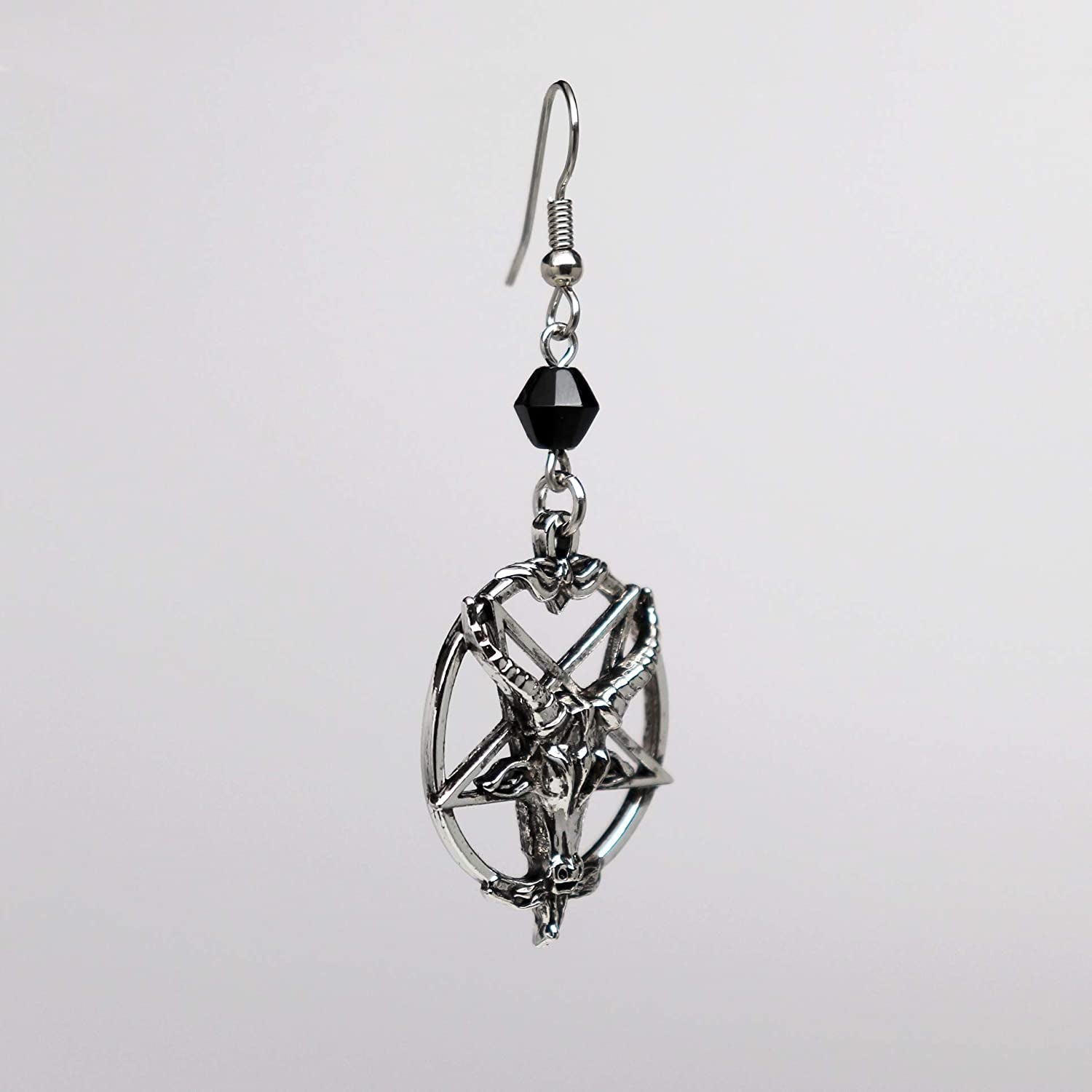 Baphomet Satanic Goat Head Inverted Pentagram Silver Finish Dangle Earrings Apparel & Accessories > Jewelry > Earrings Real Metal