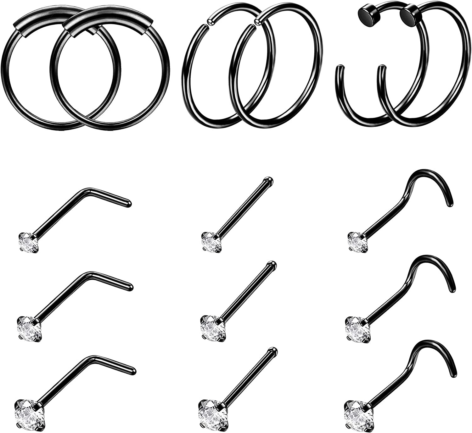 FINREZIO 15PCS 22G Surgical Steel Nose Rings Hoop Studs Cartilage Earrings Body Piercing Jewelry 1.5Mm 2Mm 2.5Mm CZ Apparel & Accessories > Jewelry > Rings FINREZIO D.Black Nose Ring