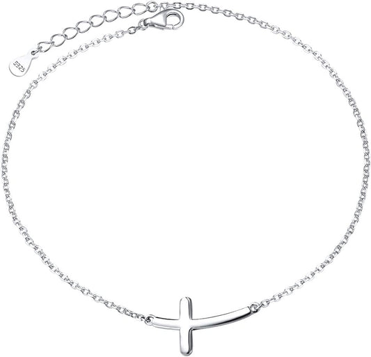 ATHENAA S925 Sterling Silver Concise Sideways Cross Pendant Necklace Bracelet Anklet Apparel & Accessories > Jewelry > Anklets ATHENAA Jewelry Factory A-Anklet 9+1.5"