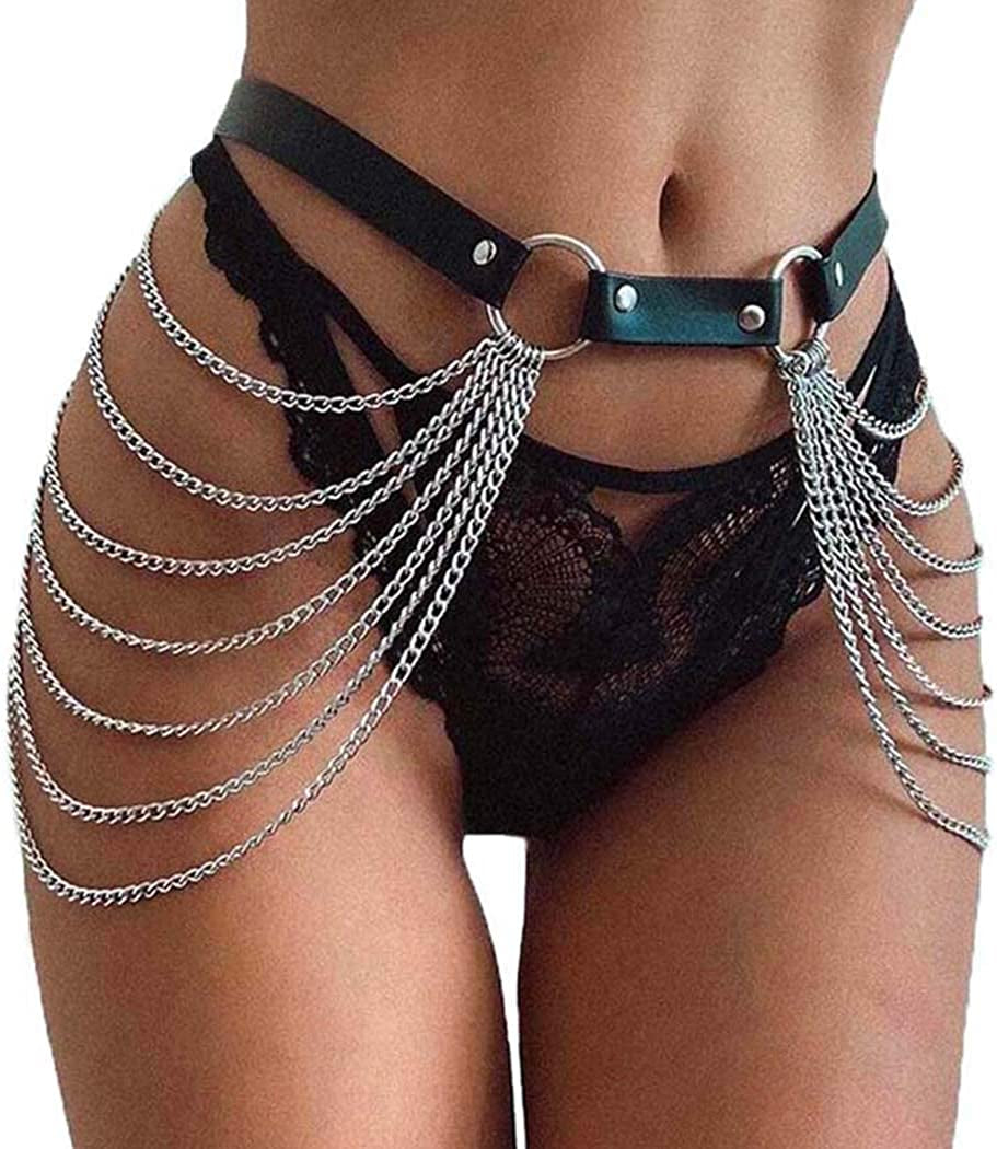 Victray Punk Black Waist Chain Belt Leather Layered Belly Body Chains Rave Body Jewelry Accessories for Women and Girls Apparel & Accessories > Jewelry > Body Jewelry Victray Black