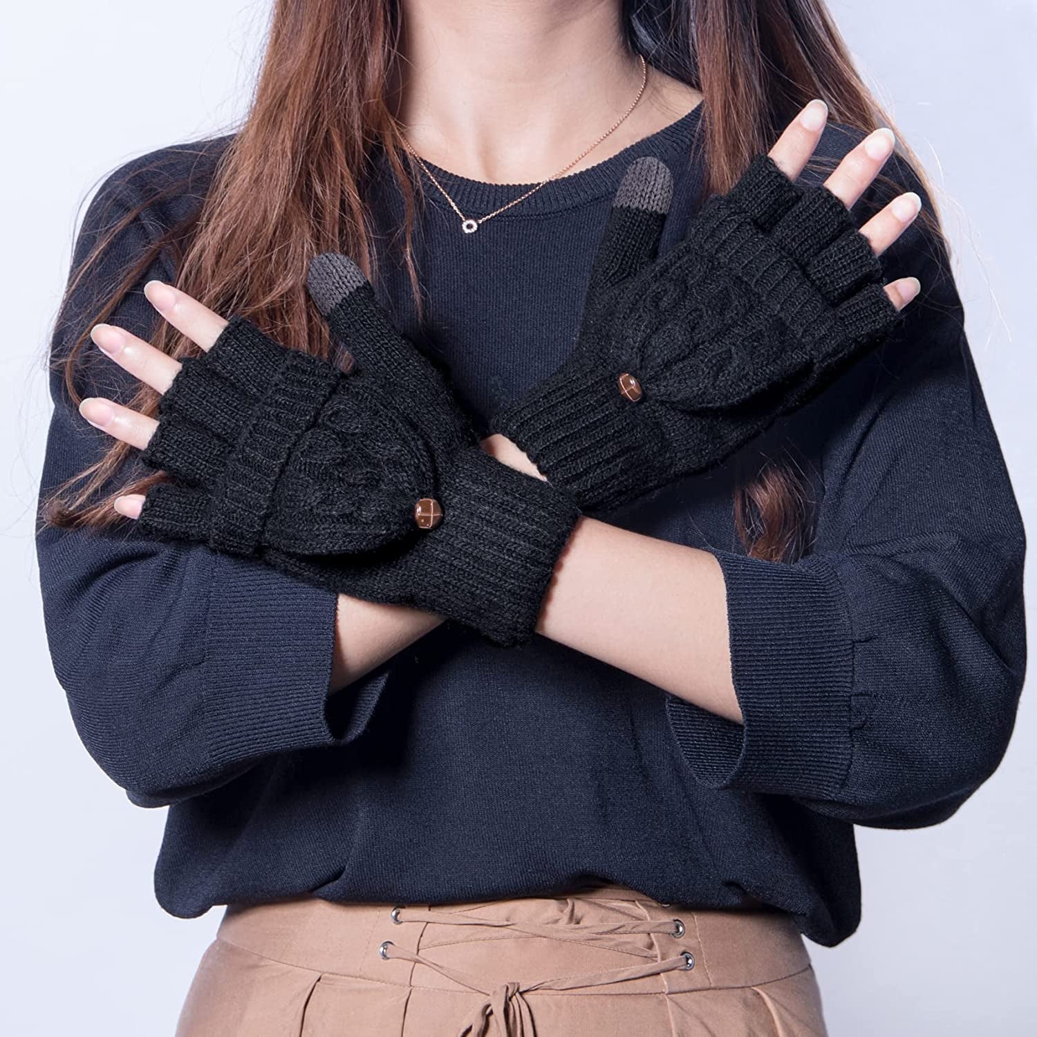 Winter Gloves Warm Wool Knit Flip Fingerless Gloves Mittens for Women Gifts Apparel & Accessories > Clothing Accessories > Gloves & Mittens Loritta