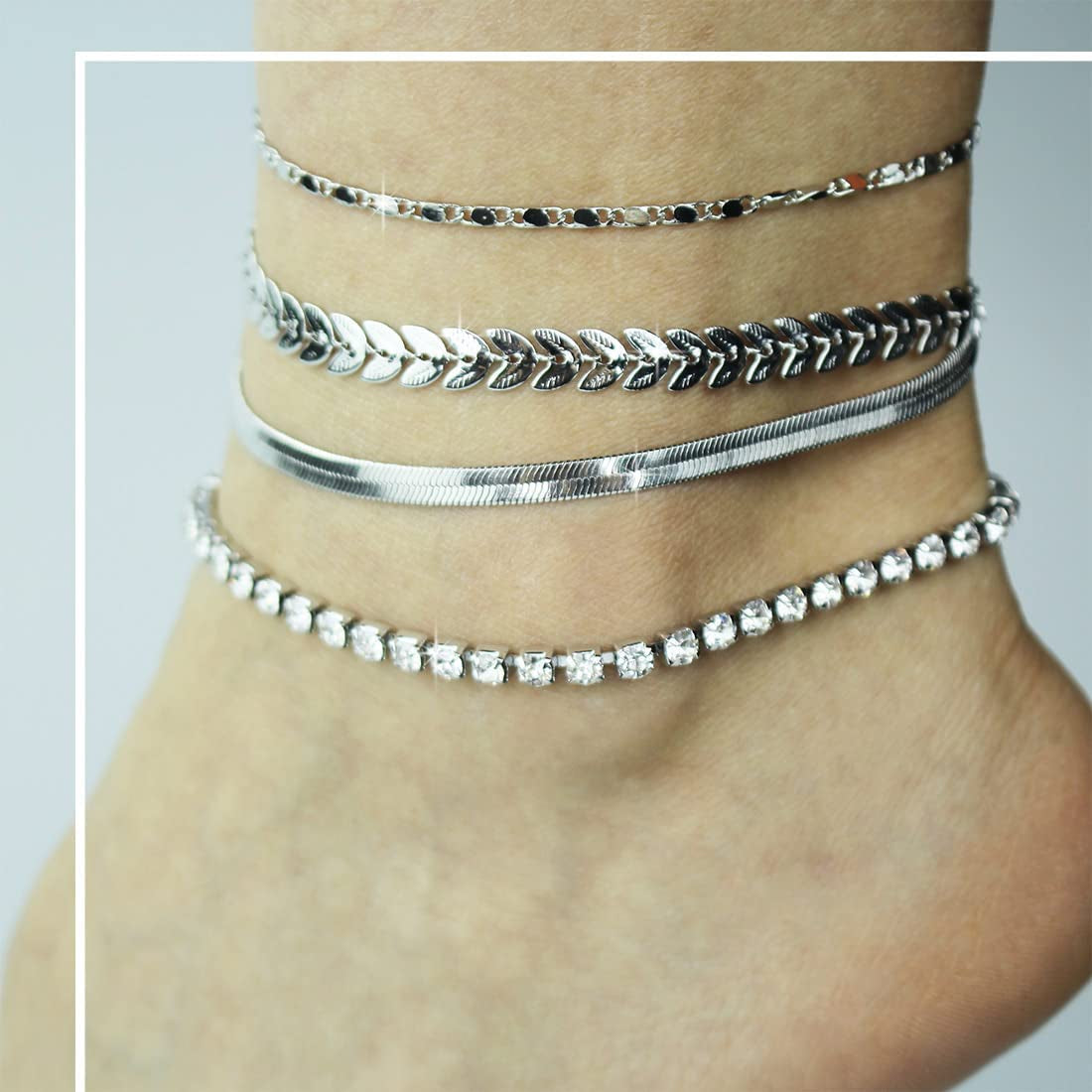 Met-Edianger 4 Pcs Women Anklets 18K Gold Bracelets Layered Anklets Set Cubic Zirconia Beach Foot Jewelry Apparel & Accessories > Jewelry > Anklets met-edianger