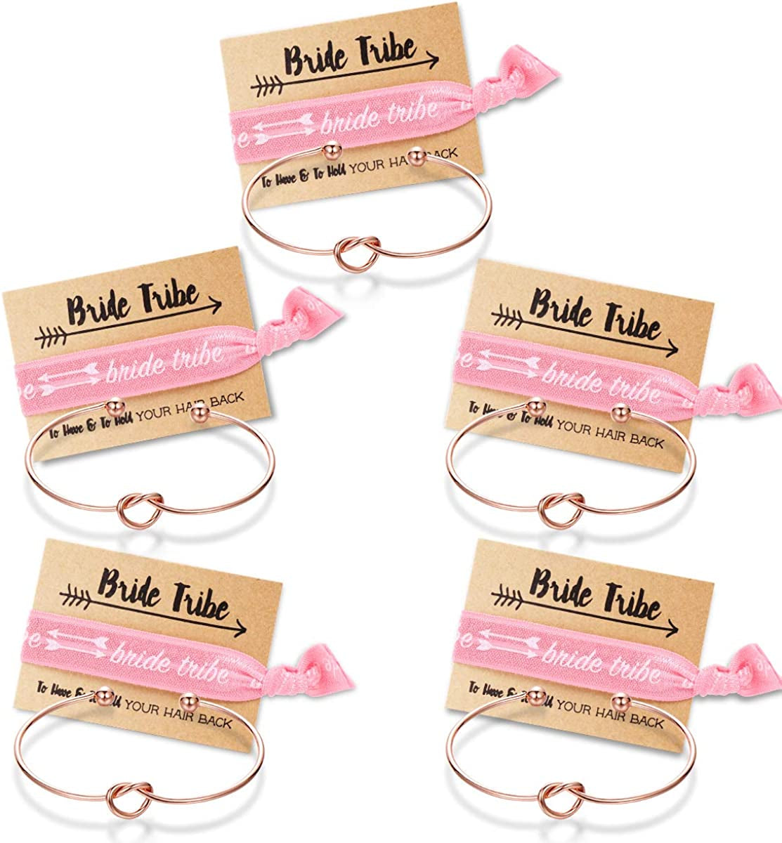 Bridesmaid Bracelets-Ikooo 5 Pcs Love Knot Open Bangle with Bride Tribe Hair Tie for Best Friend, BFF of the Bride Wedding Gift Apparel & Accessories > Jewelry > Bracelets MOOKOO 5 Rose Gold